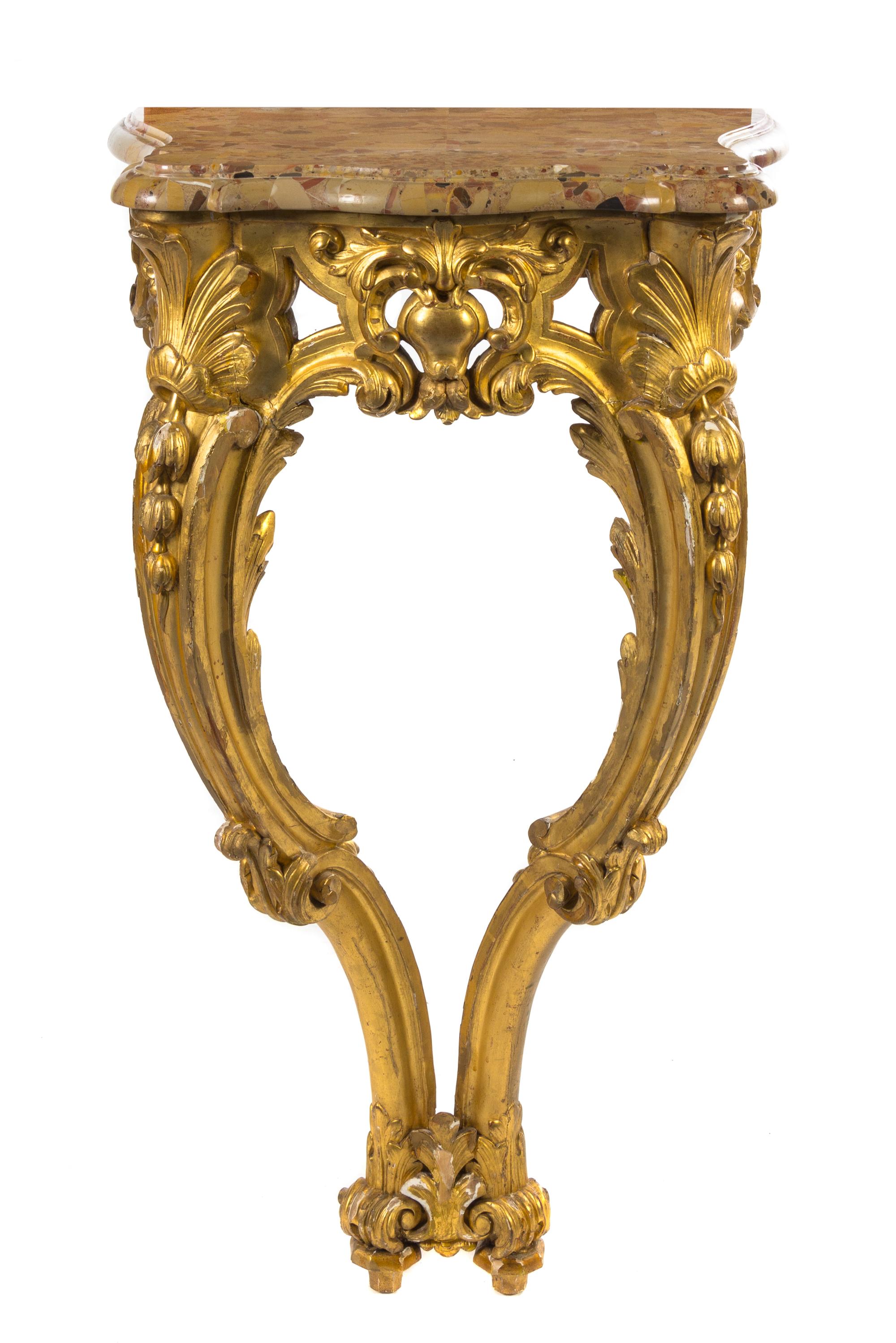 A Louis XV Style Giltwood Console Table Height 38 x width 20 x depth 13 1/2 inches. — FIRST HALF 19TH CENTURY