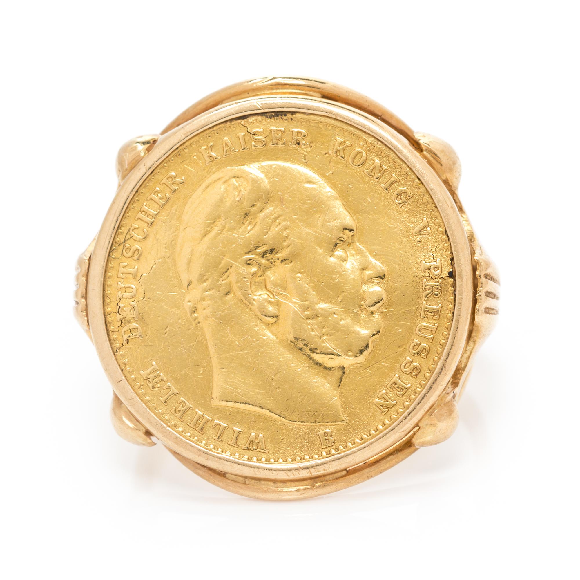 A Yellow Gold and Prussian 10 Mark Coin Ring, 5.10 dwts.