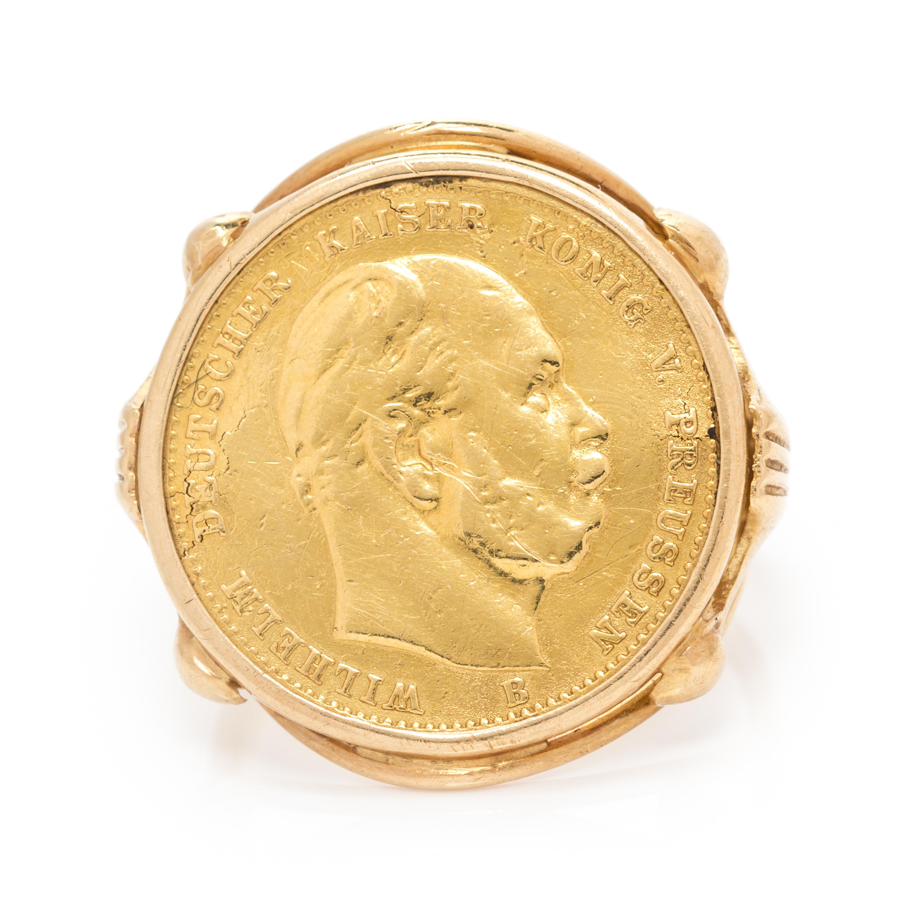 A Yellow Gold and Prussian 10 Mark Coin Ring, 5.10 dwts.