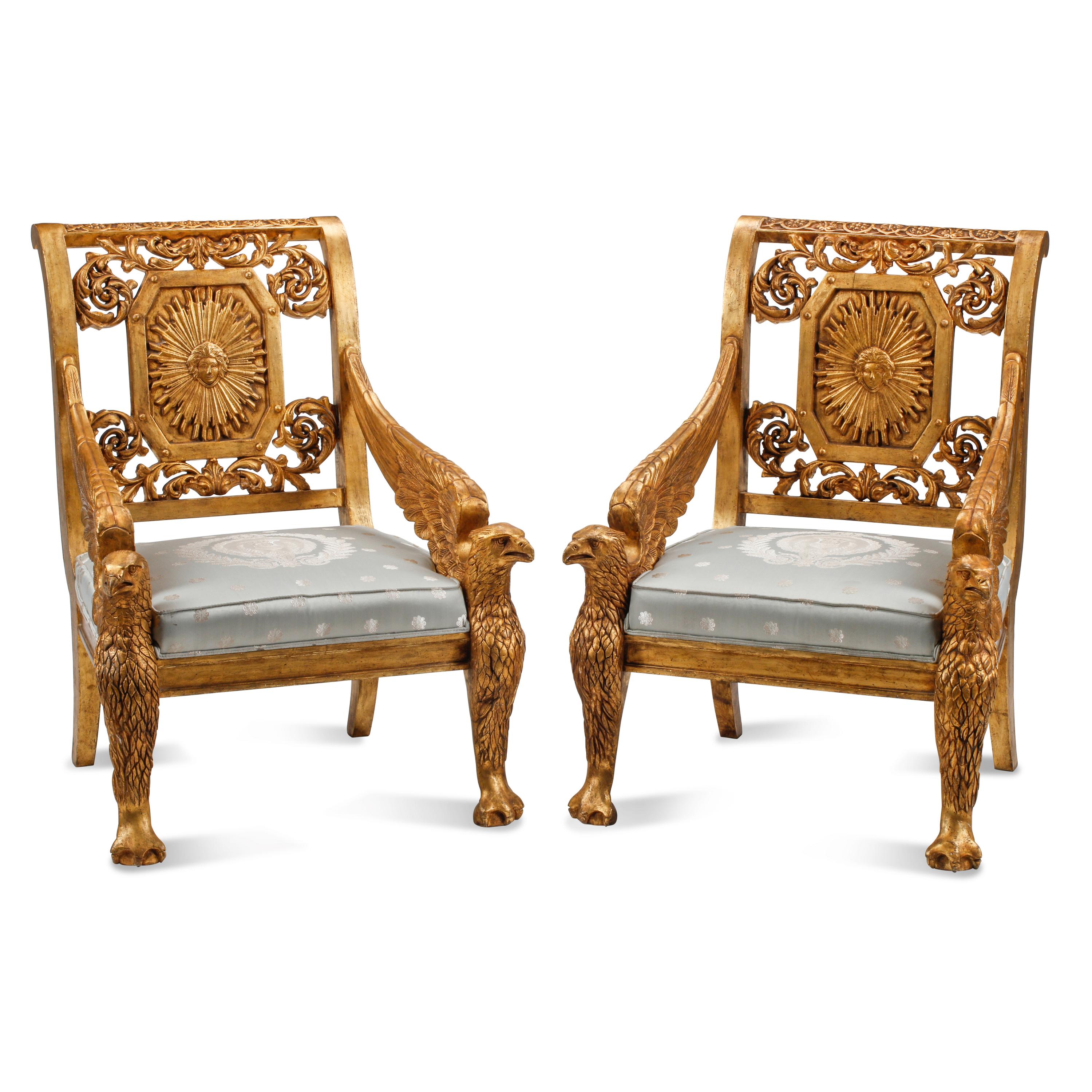 A Pair of Italian Neoclassical Style Giltwood Armchairs