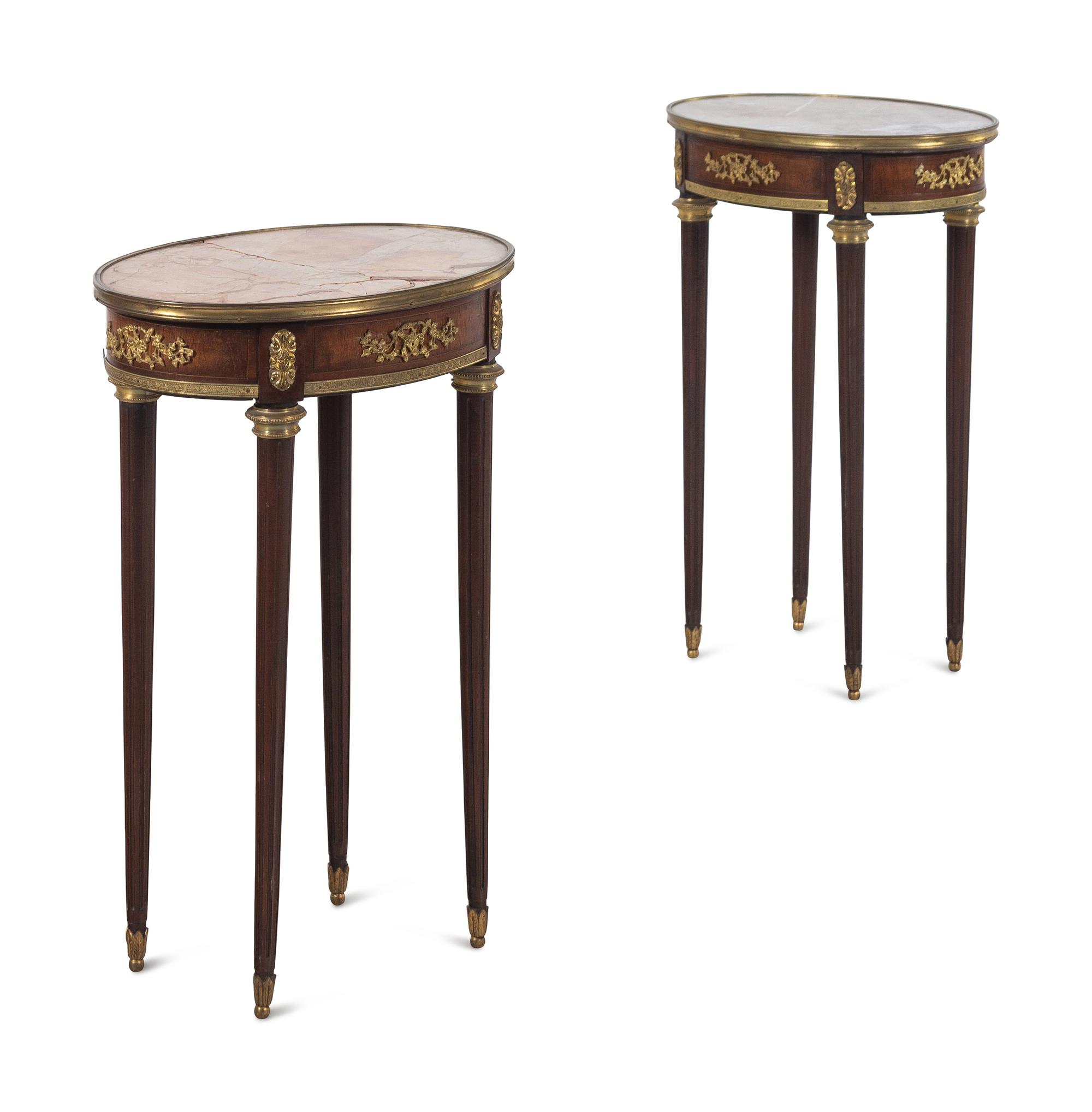 A Pair of Louis XVI Style Gilt Bronze Mounted Marble-Inset Side Tables