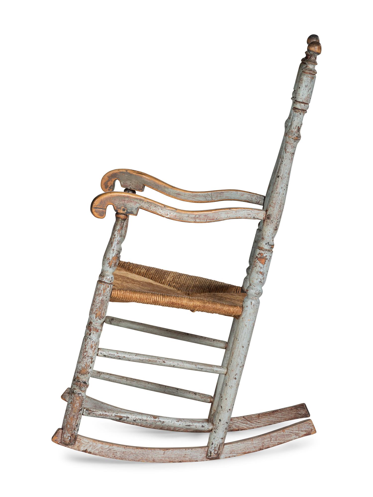A William and Mary Paint Decorated Rush-Seat Bannister-Back Armchair Rocker