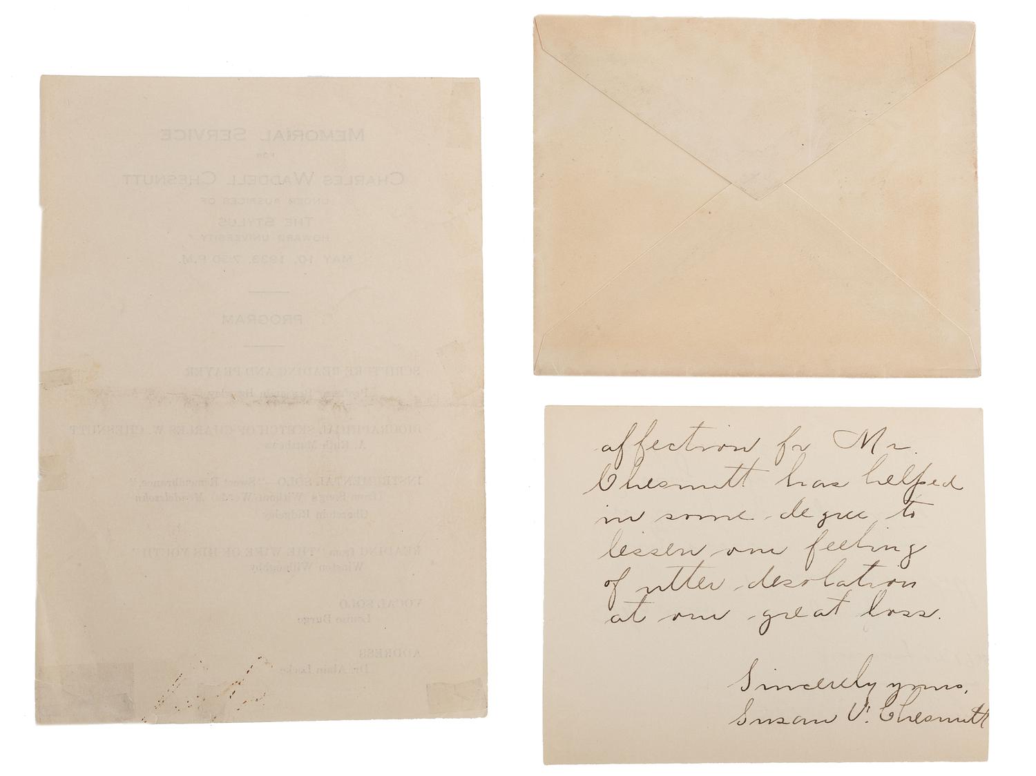 [CHESNUTT, Charles (1858-1932)]. A group of 3 items related to Charles Chesnutt, incl. Howard University programs and ALS from Susan V. Chesnutt to head of NAACP Arthur Spingarn.