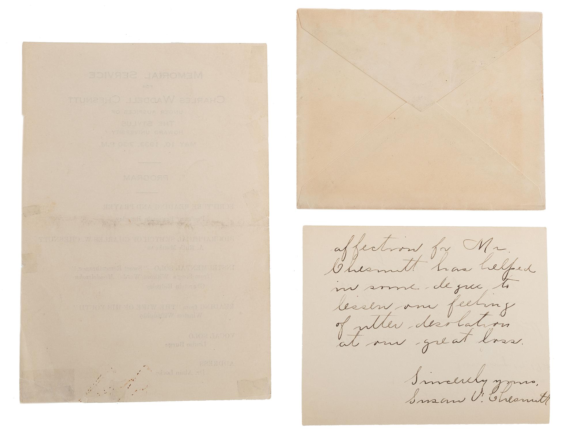 [CHESNUTT, Charles (1858-1932)]. A group of 3 items related to Charles Chesnutt, incl. Howard University programs and ALS from Susan V. Chesnutt to head of NAACP Arthur Spingarn.