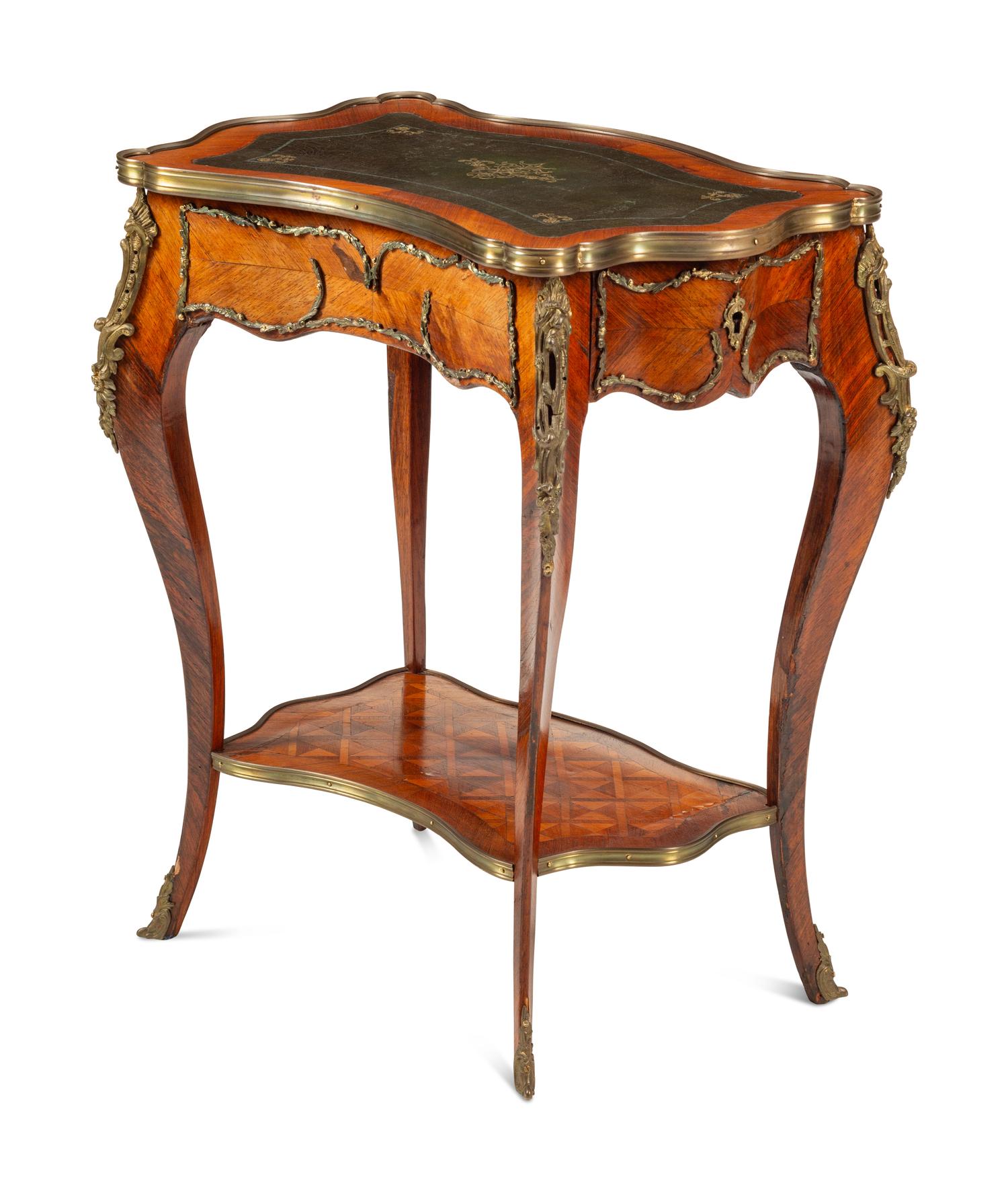 A Louis XV Style Gilt Bronze Mounted Parquetry Writing Table