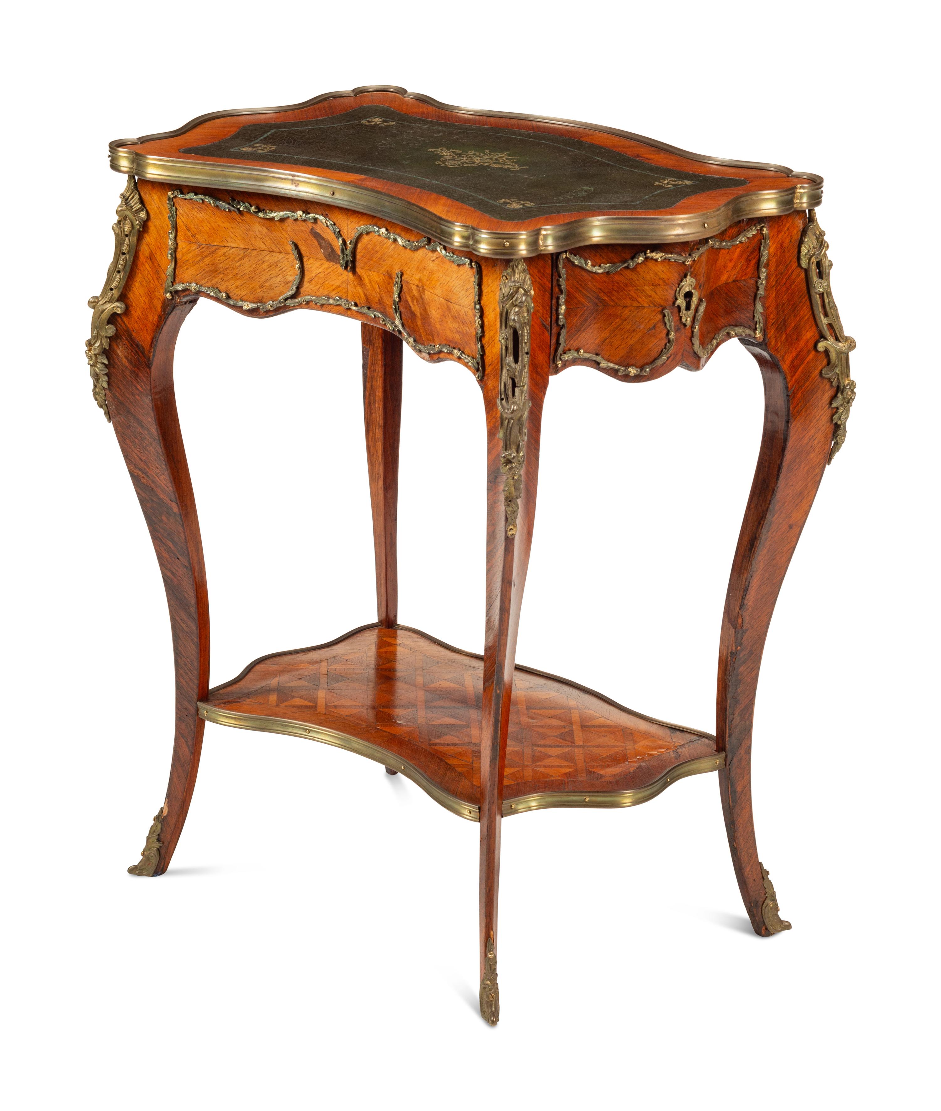 A Louis XV Style Gilt Bronze Mounted Parquetry Writing Table