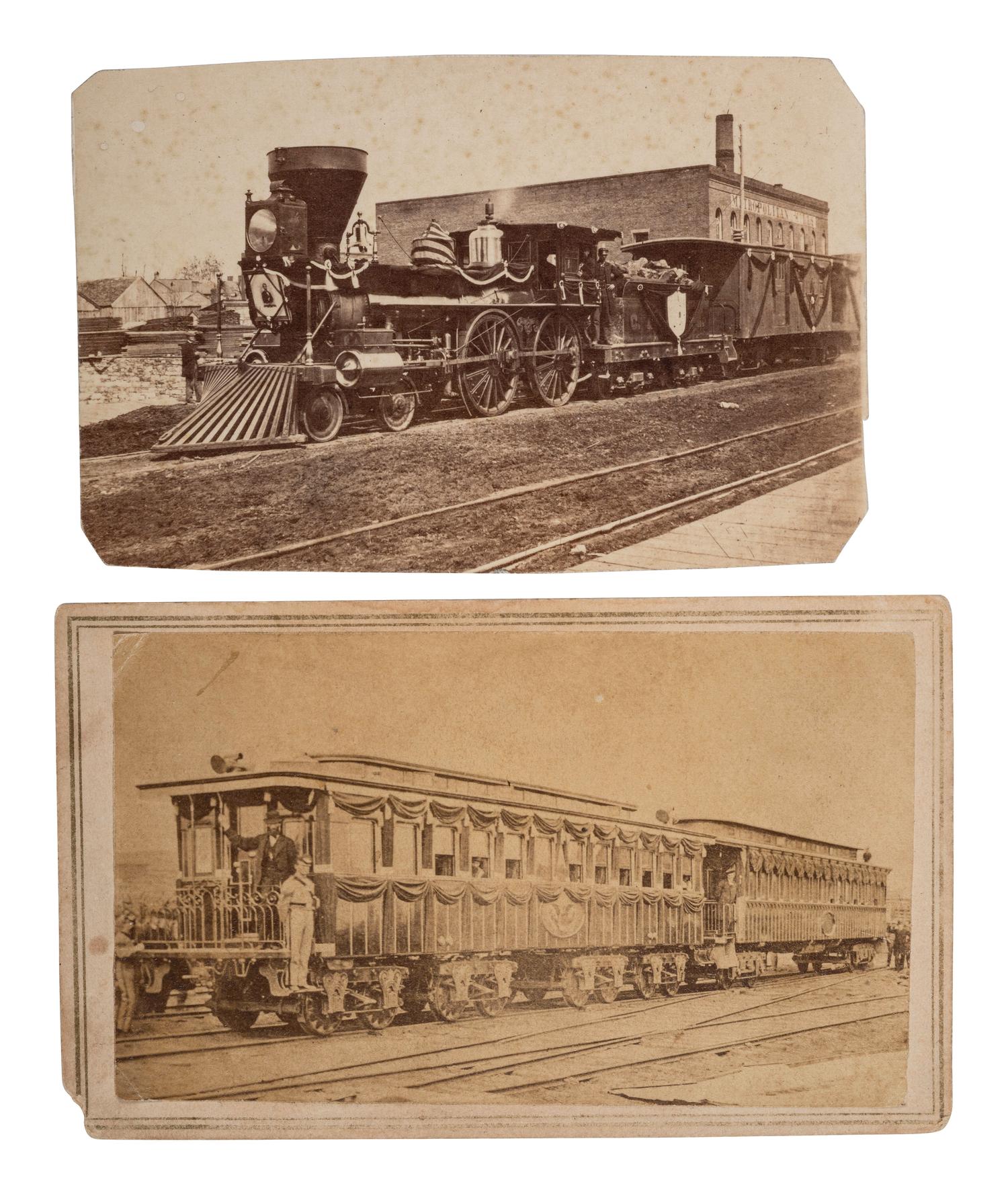 [LINCOLN FUNERAL]. A group of 2 CDVs of the Lincoln funeral train in Buffalo, NY, and Springfield, IL.