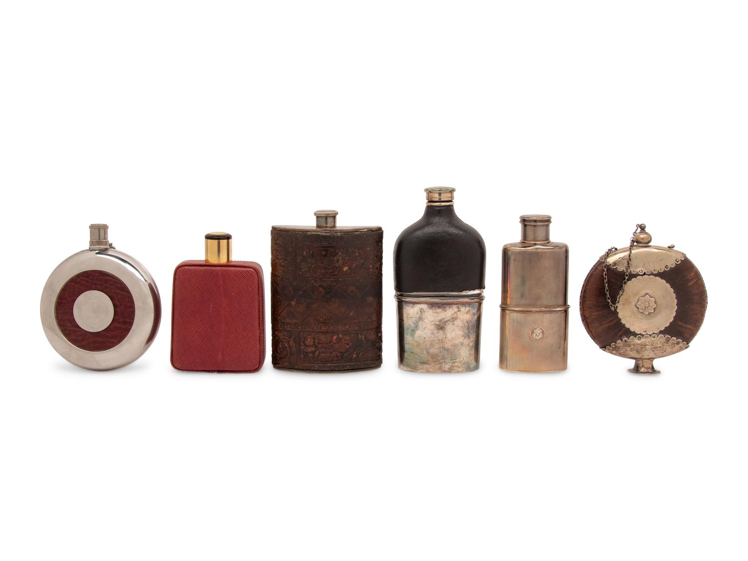A Group of Six Silver, Silver-Plate, Leather and Wood Mounted Flasks