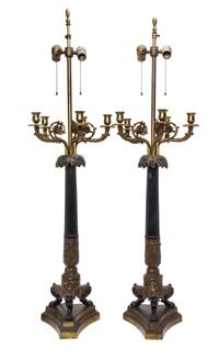 A Pair of Louis Philippe Style Cast Metal Five-Light Candelabra Height overall 45 1/4 inches. — LATE 19TH CENTURY