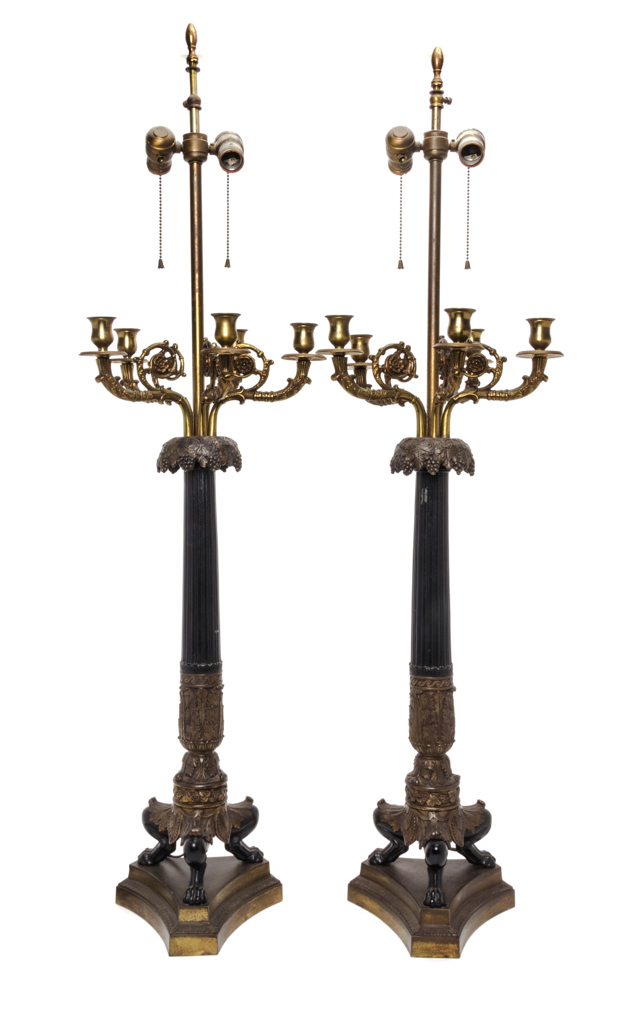 A Pair of Louis Philippe Style Cast Metal Five-Light Candelabra Height overall 45 1/4 inches. — LATE 19TH CENTURY