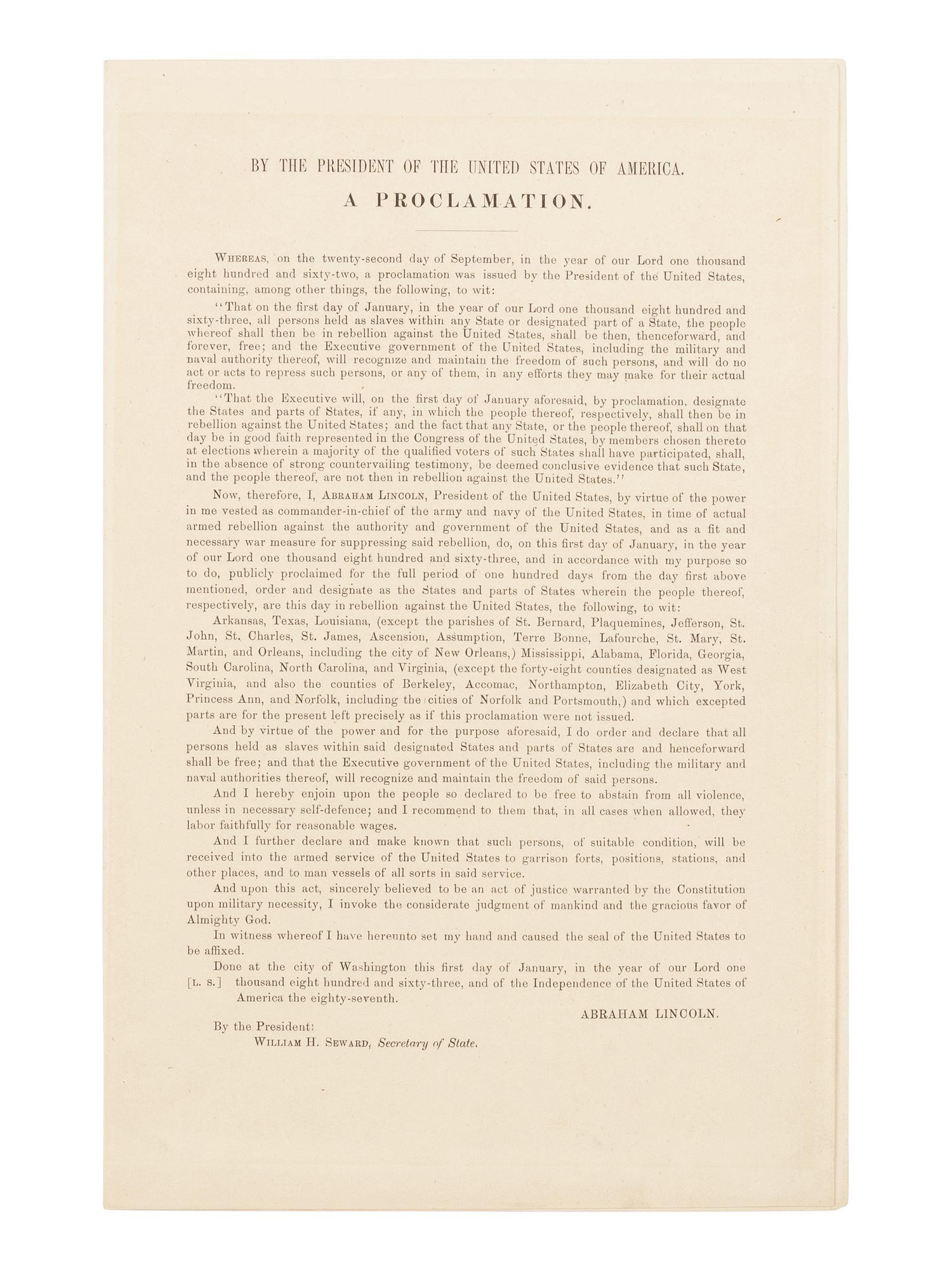 [EMANCIPATION PROCLAMATION]. LINCOLN, Abraham (1809-1865). By the President of the United States of America. A Proclamation . [Washington, D.C.: Government Printing Office, ca. 3 Jan 1863].