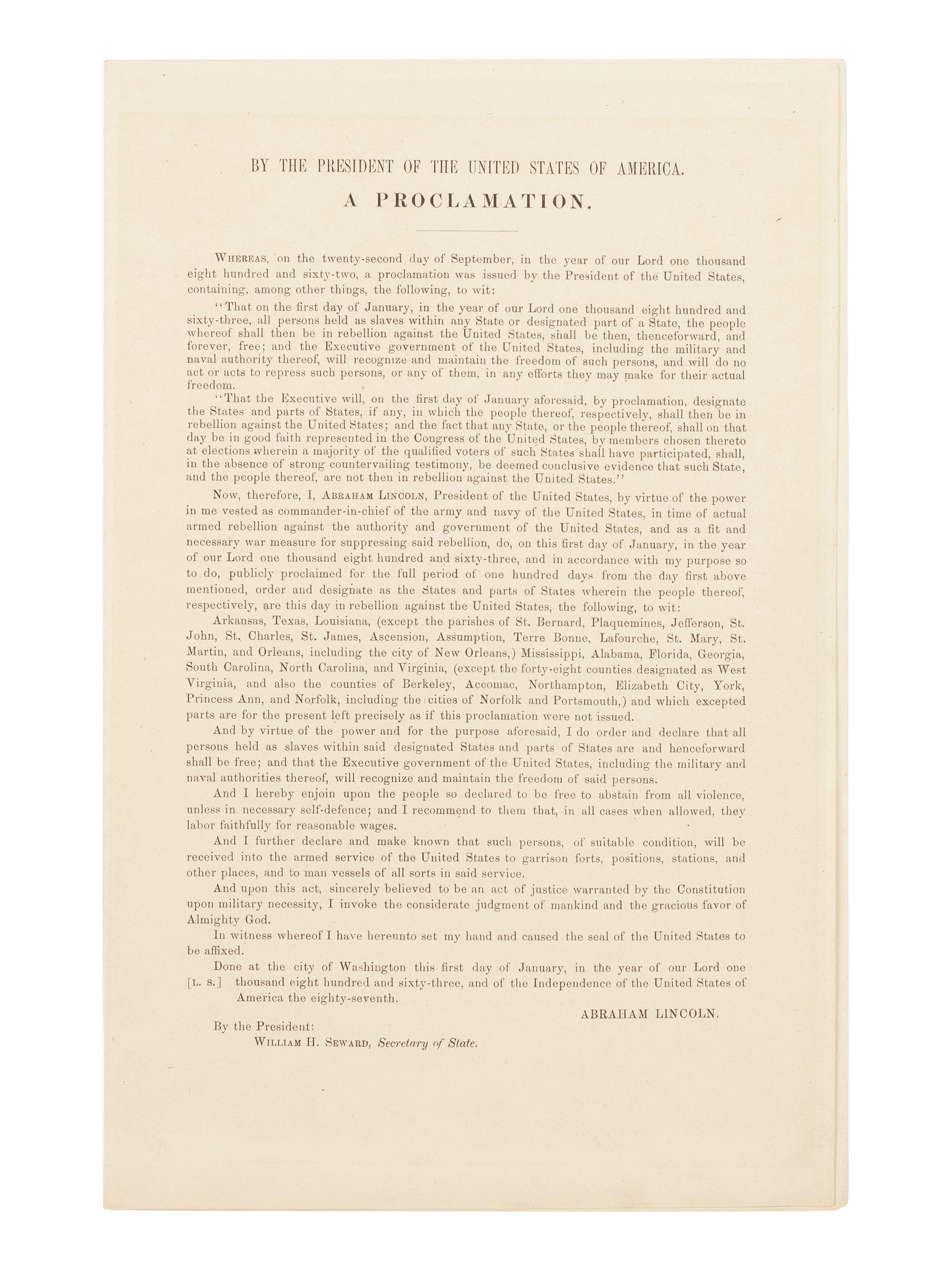 [EMANCIPATION PROCLAMATION]. LINCOLN, Abraham (1809-1865). By the President of the United States of America. A Proclamation . [Washington, D.C.: Government Printing Office, ca. 3 Jan 1863].