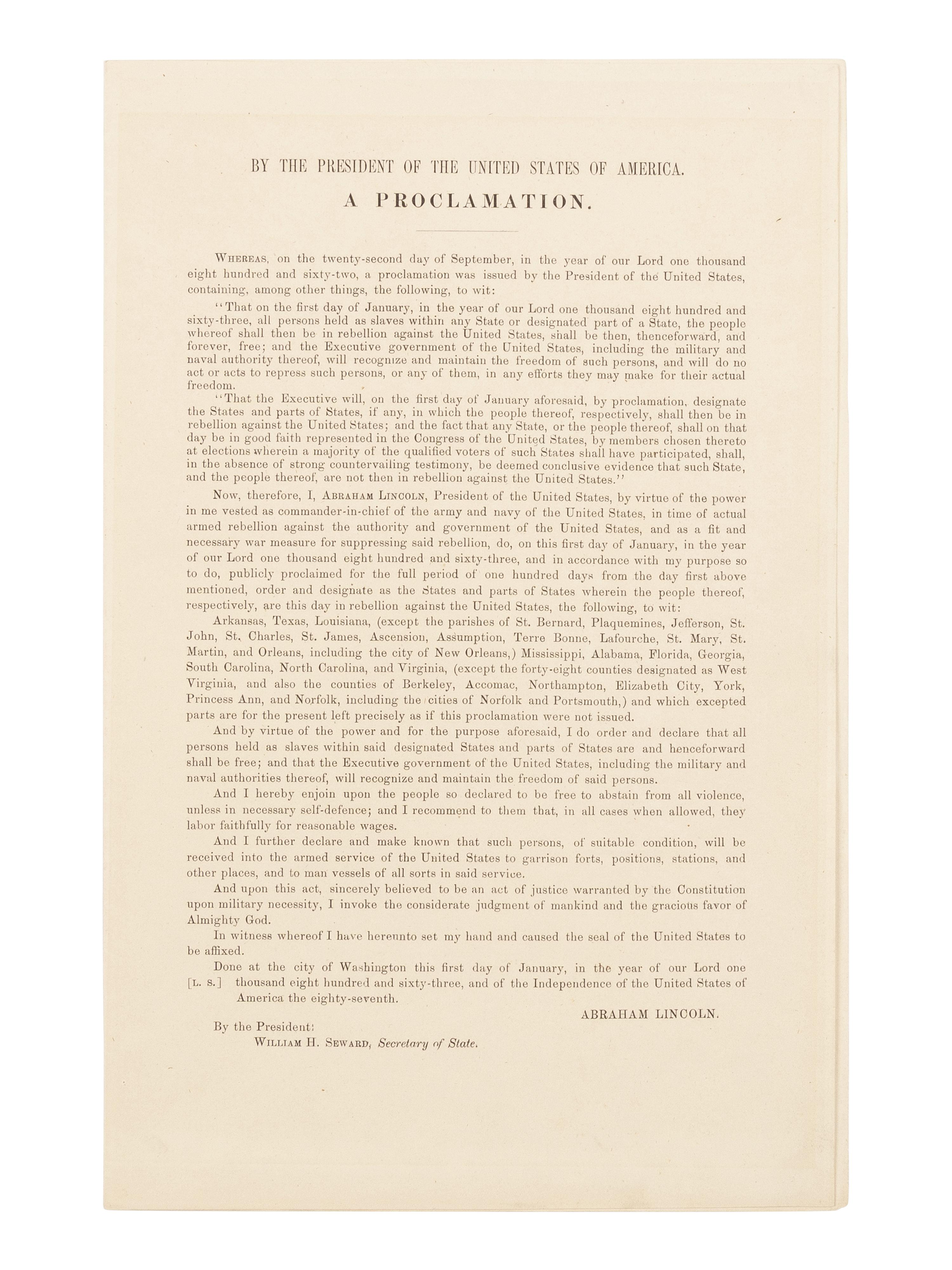 [EMANCIPATION PROCLAMATION]. LINCOLN, Abraham (1809-1865). By the President of the United States of America. A Proclamation . [Washington, D.C.: Government Printing Office, ca. 3 Jan 1863].