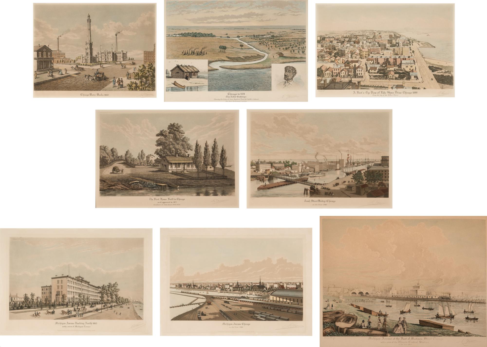 [CHICAGO]. VARIN, Raoul (1865-1943). A group of 8 engraved aquatints, most depicting 19th-century Chicago, comprising: