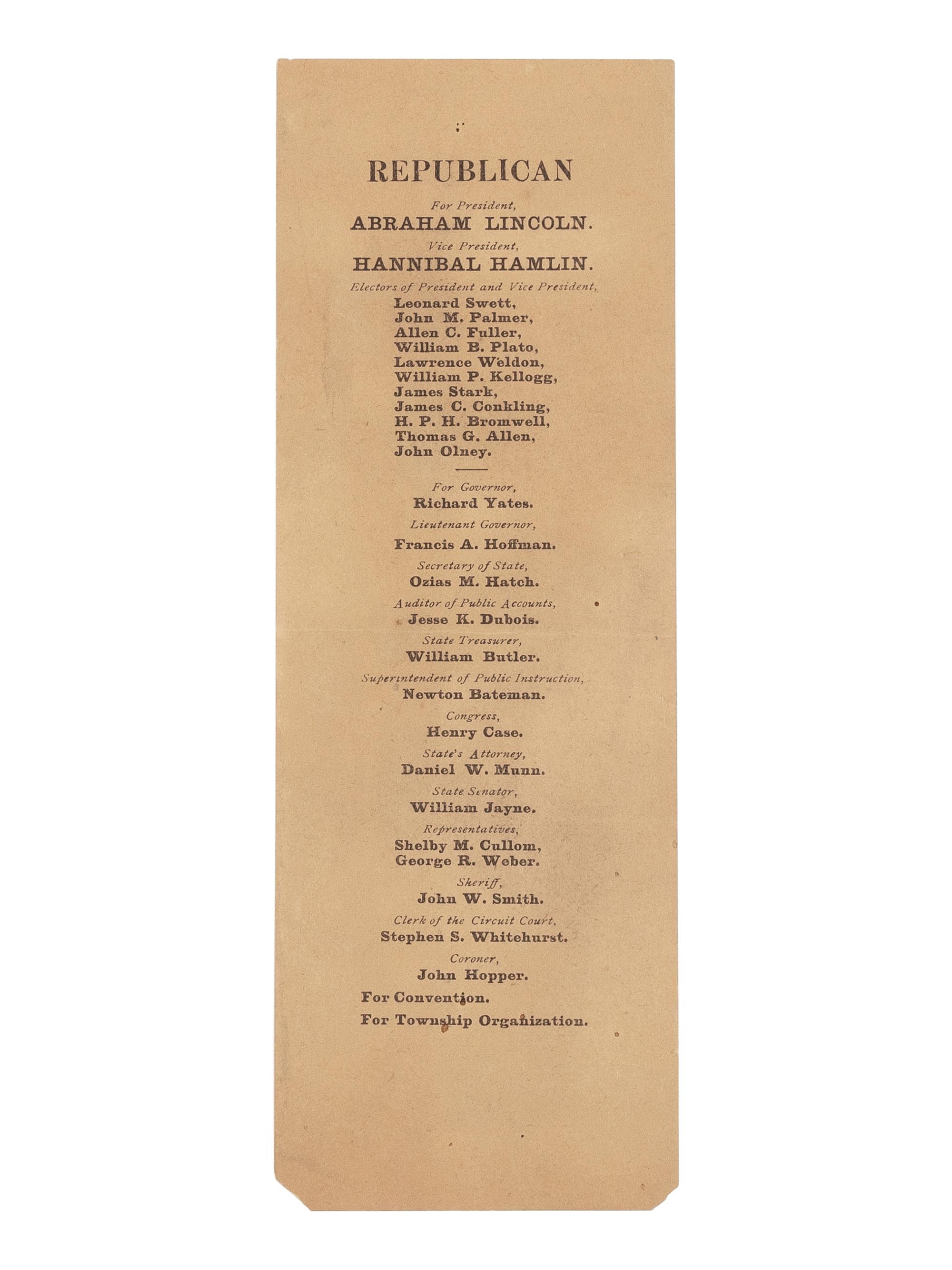 [LINCOLN-HAMLIN CAMPAIGN]. A Republican election ticket for Sangamon County, Illinois, 1860.