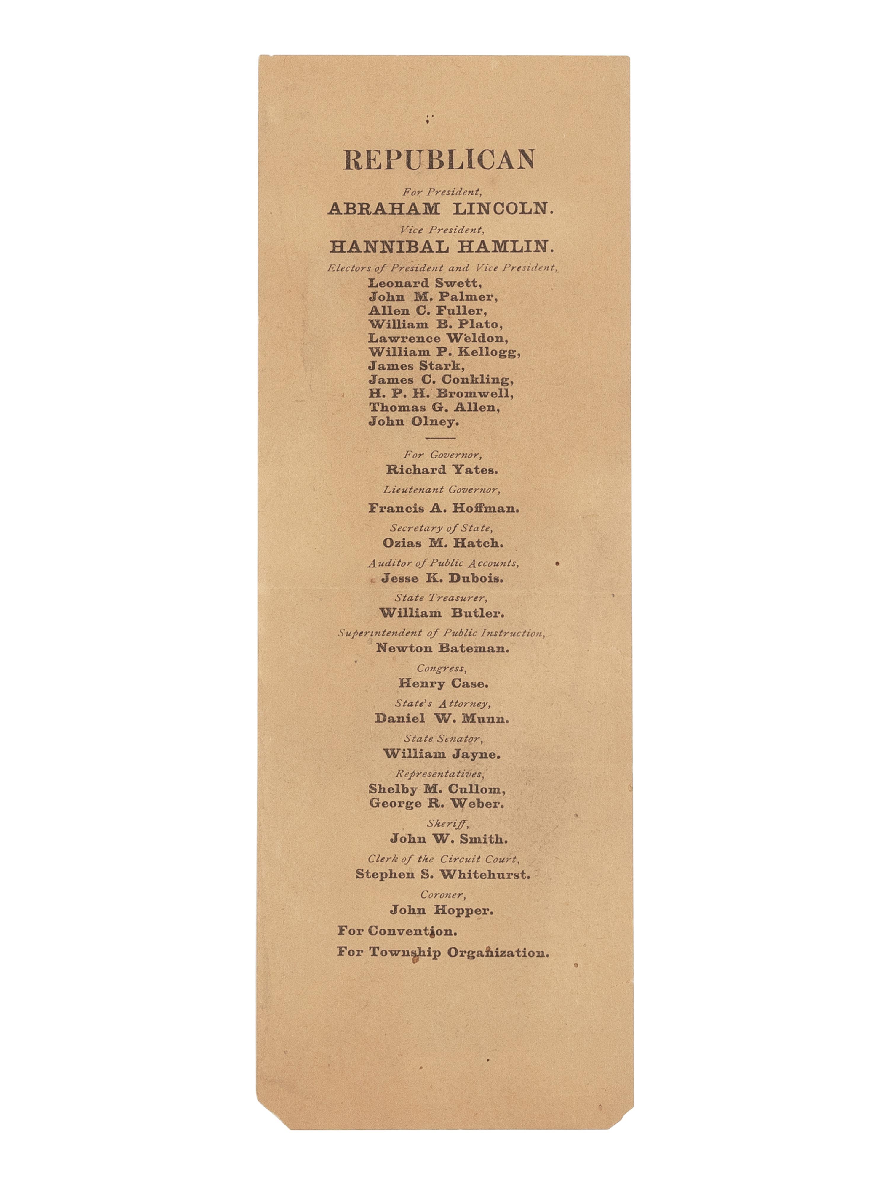 [LINCOLN-HAMLIN CAMPAIGN]. A Republican election ticket for Sangamon County, Illinois, 1860.