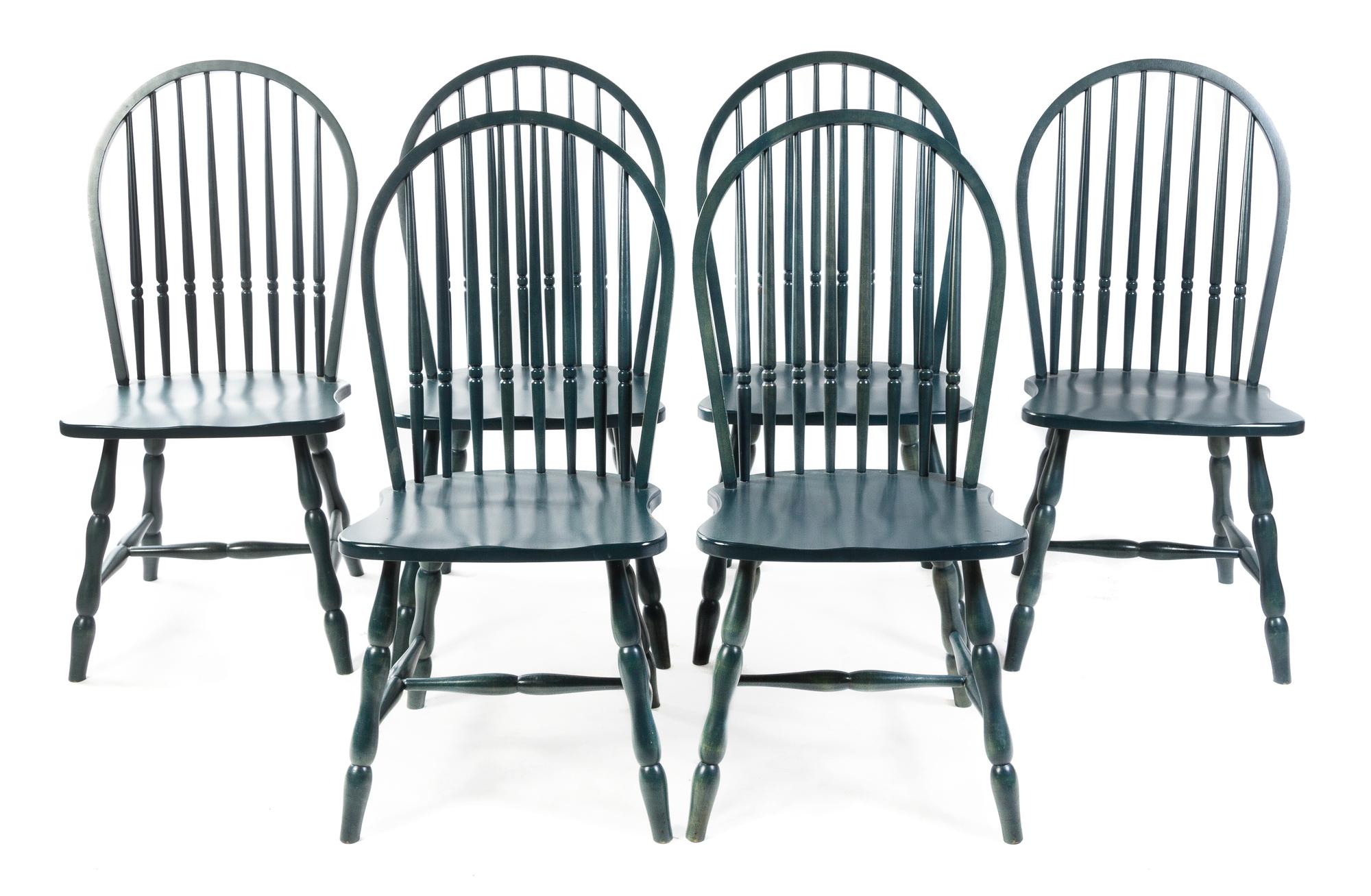 A Group of Six Green Painted Windsor Chairs Height 40 inches. — 20TH CENTURY
