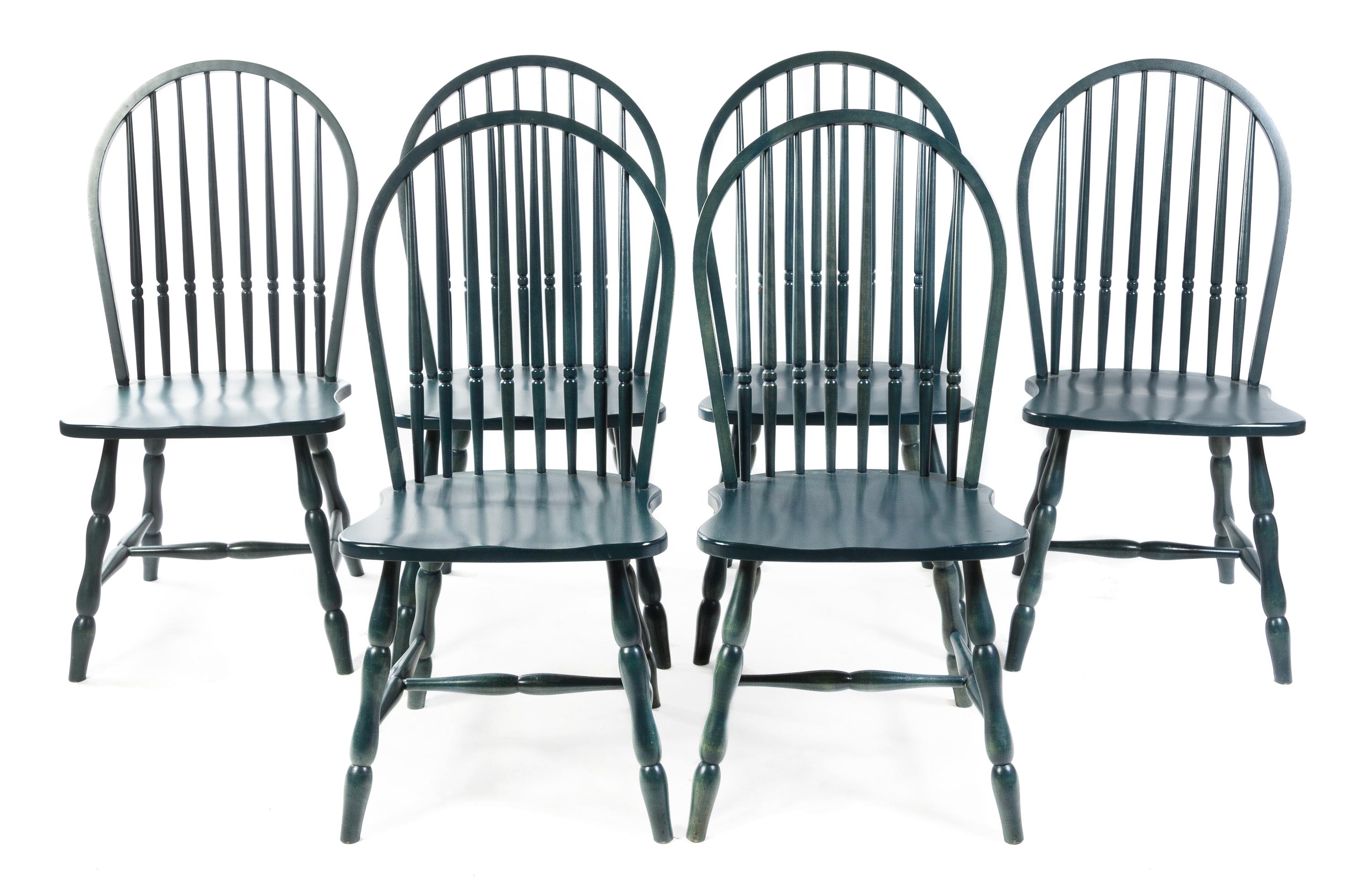 A Group of Six Green Painted Windsor Chairs Height 40 inches. — 20TH CENTURY