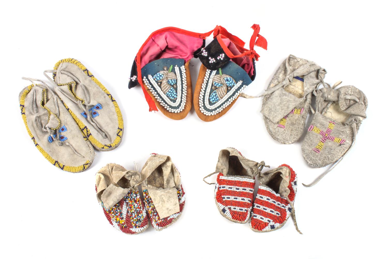 Five Pairs of Beaded Child's Moccasins Length of larger 6 1/2 inches