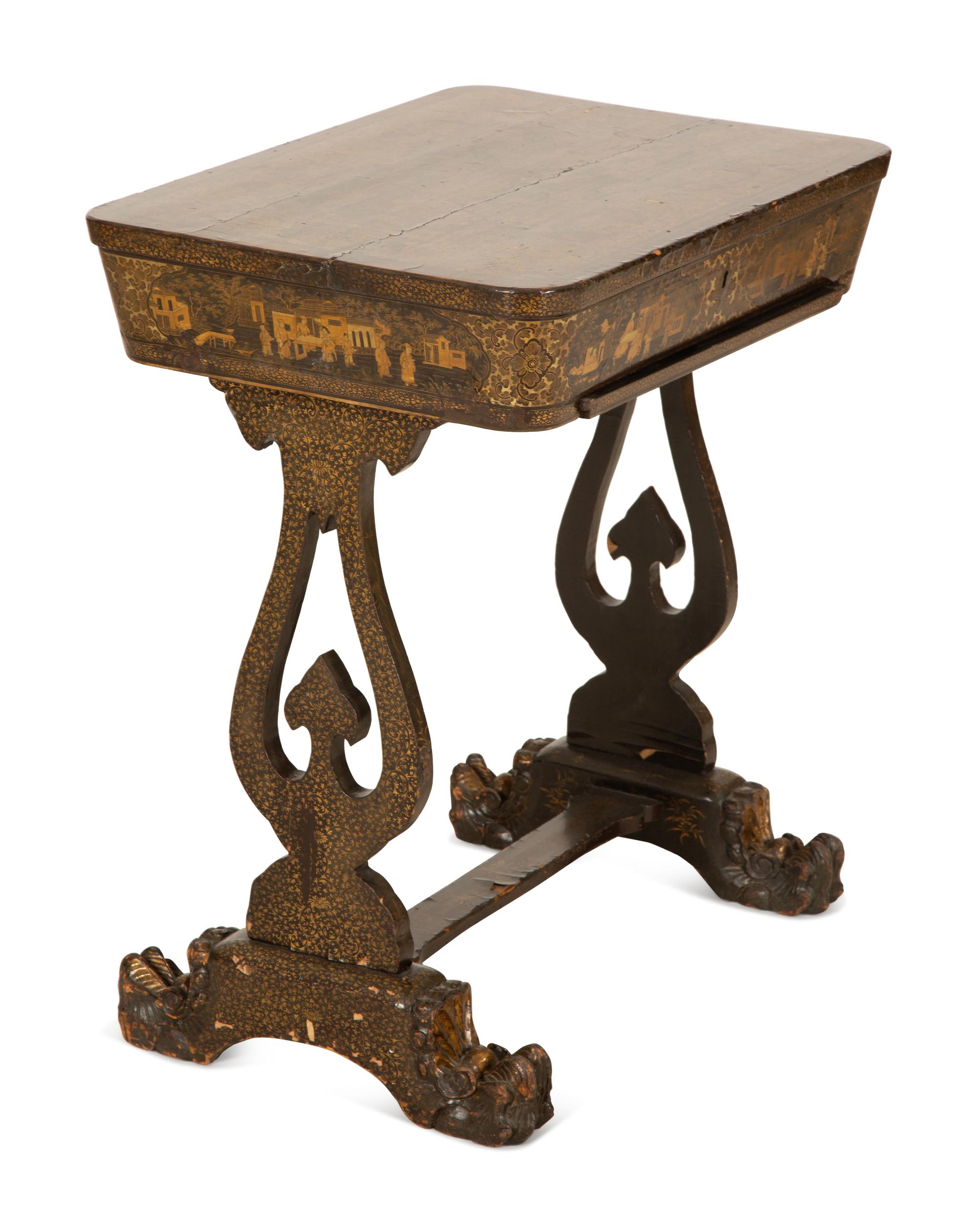 A Chinese Export Black and Gilt Lacquer Sewing Table — 19th Century