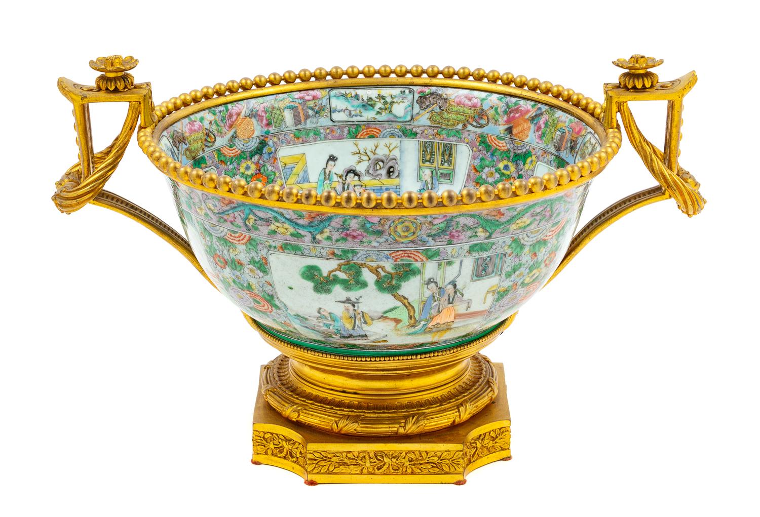 A Gilt Bronze Mounted Famille Verte Porcelain Punch Bowl Height 10 1/2 x width 17 1/2 inches. — 19TH CENTURY