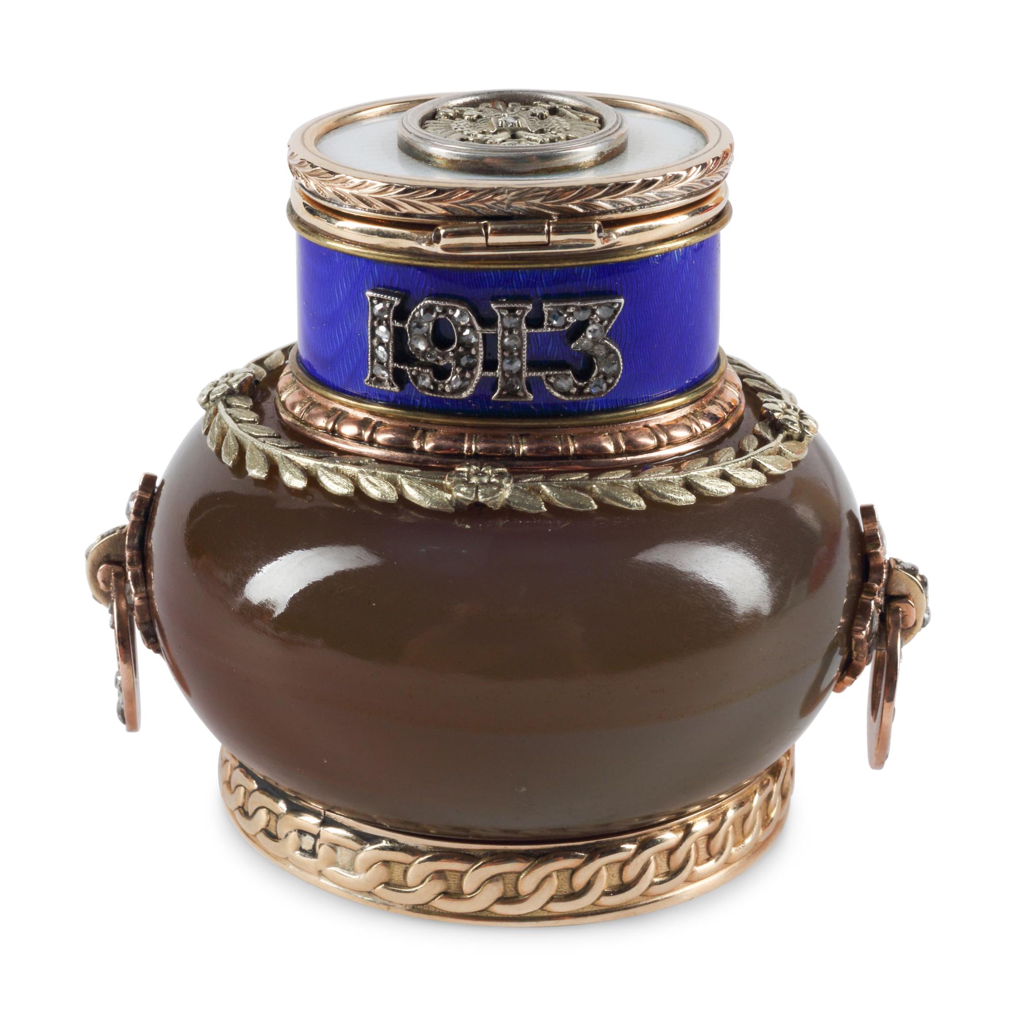 A 14-Karat Gold, Guilloché Enamel and Diamond Mounted Agate Jar