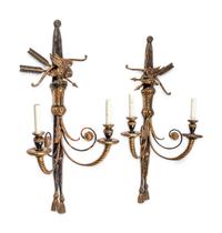 A Pair of Italian Painted and Giltwood Two-Light Sconces