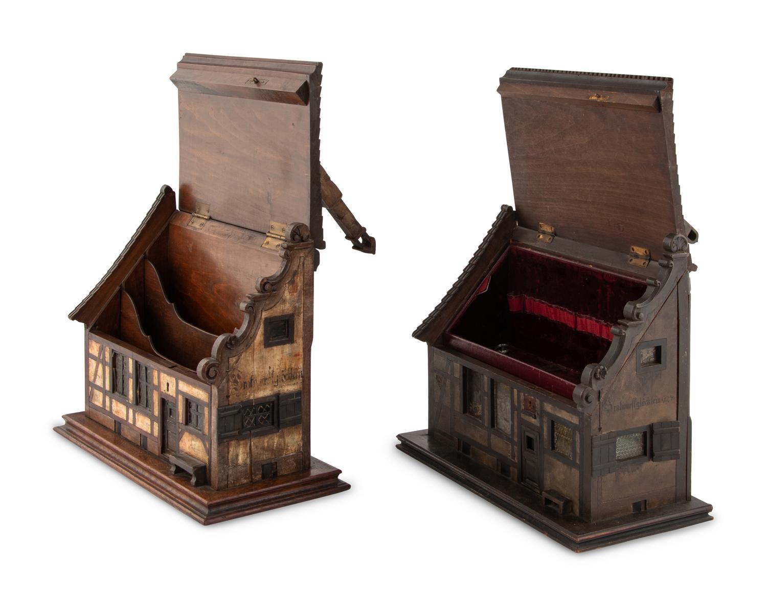 A Pair of German Carved and Painted Timber House-Form Boxes