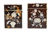 Two Mother-of-Pearl Inlaid Tortoise Shell Card Cases, Height of taller 3 7/8 inches.