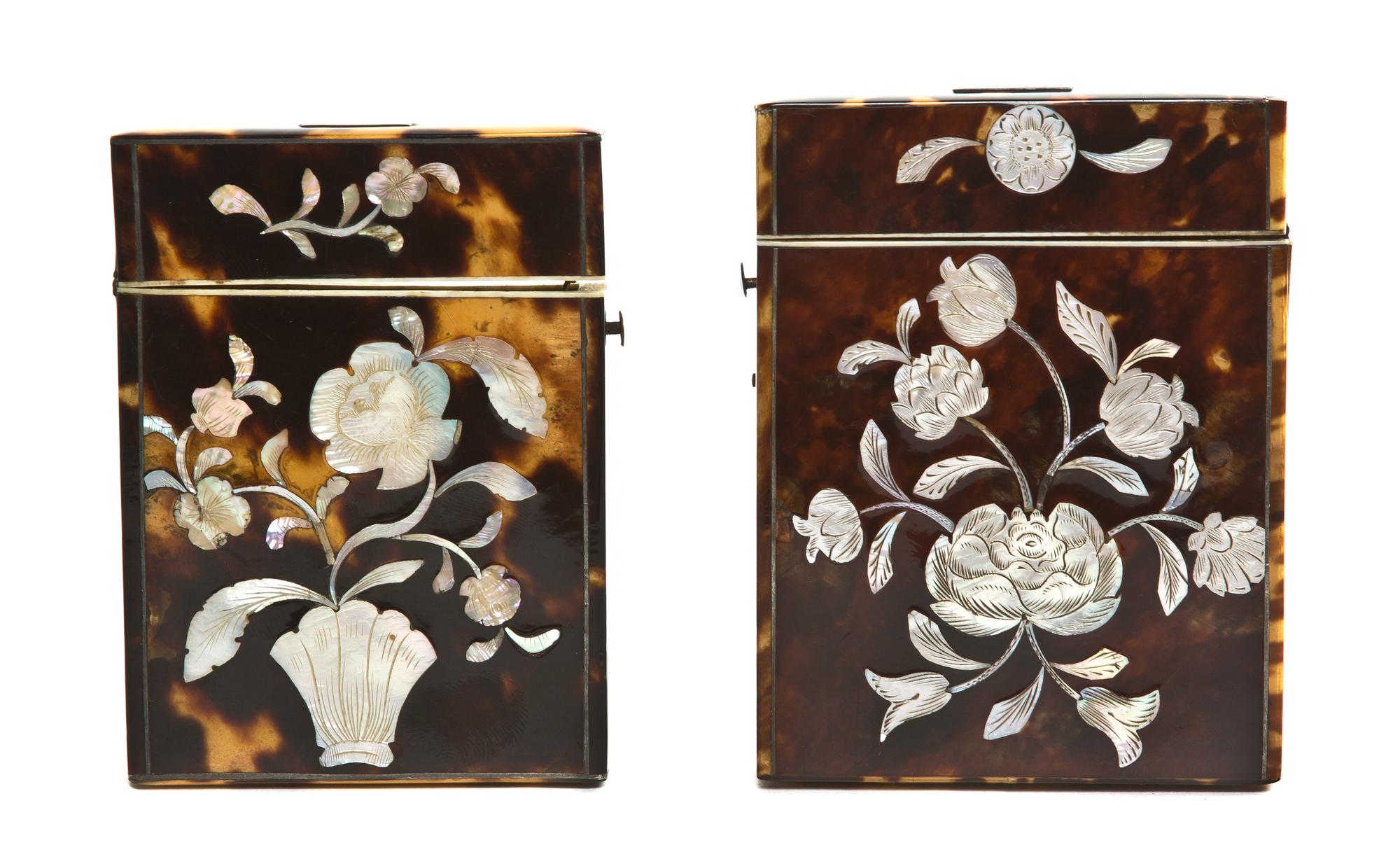 Two Mother-of-Pearl Inlaid Tortoise Shell Card Cases, Height of taller 3 7/8 inches.