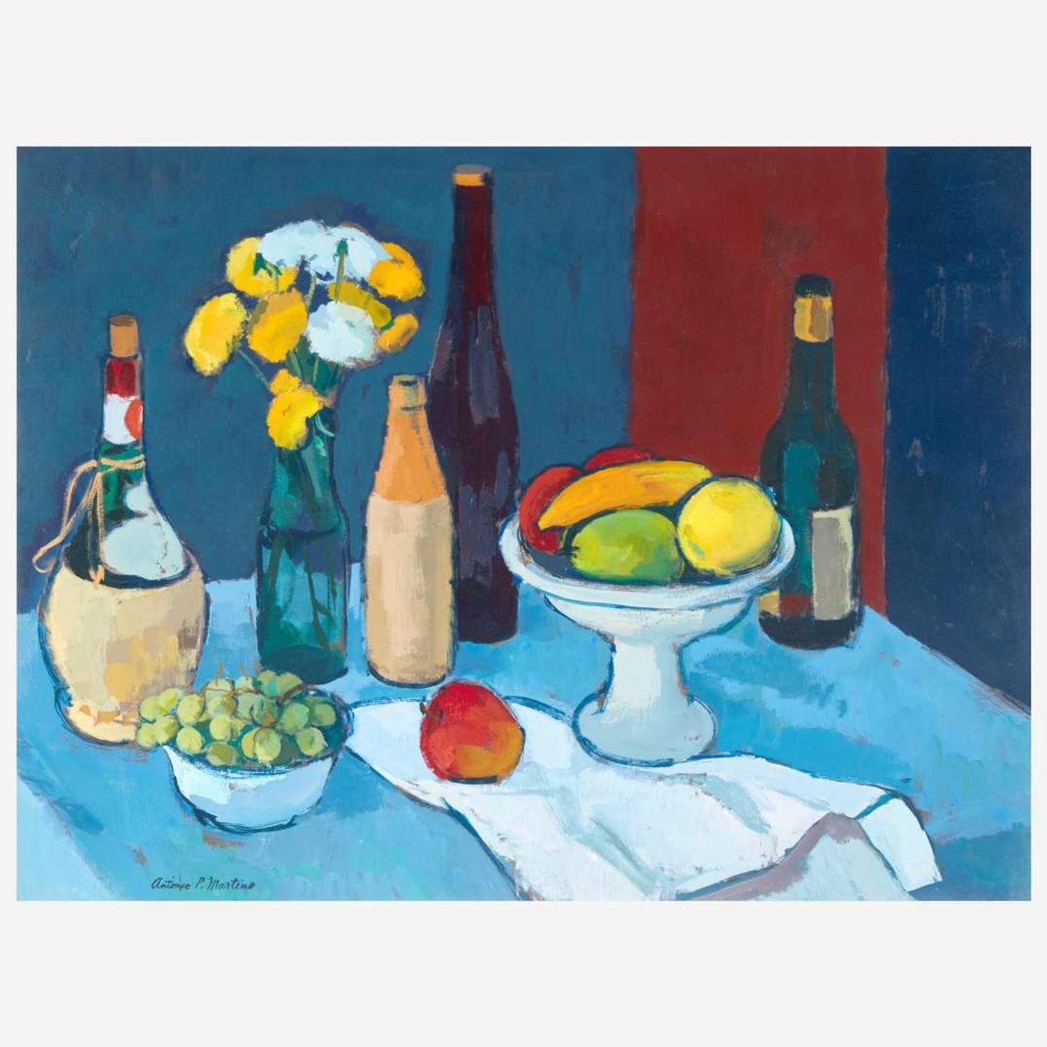 Antonio Pietro Martino (American, 1902-1989) Still Life with Fruit Flowers & Bottles