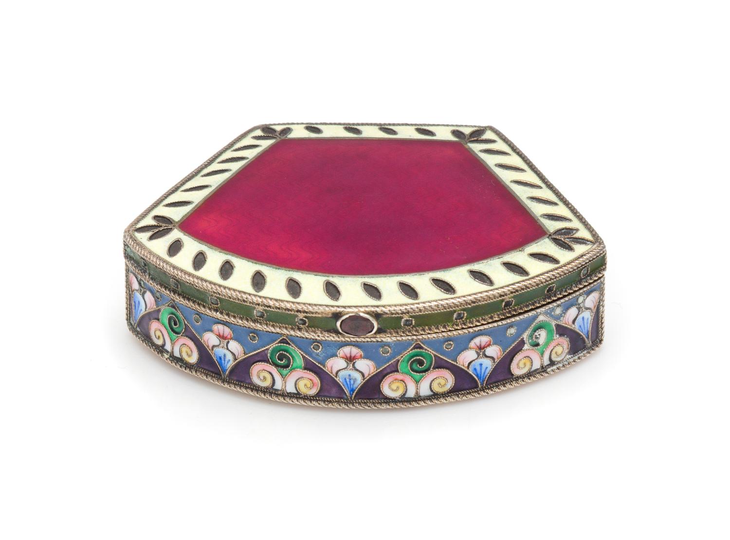 A Russian Enameled Silver Snuff Box, Mark of Grigory Sbitnev, Moscow, Late 19th Century, the lid with guilloche enameled decoration, th