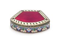 A Russian Enameled Silver Snuff Box, Mark of Grigory Sbitnev, Moscow, Late 19th Century, the lid with guilloche enameled decoration, th