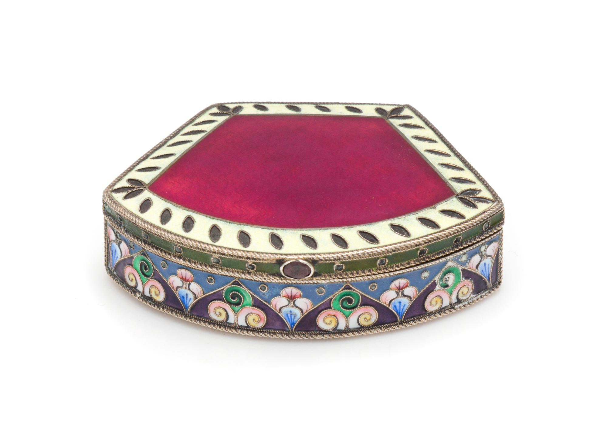 A Russian Enameled Silver Snuff Box, Mark of Grigory Sbitnev, Moscow, Late 19th Century, the lid with guilloche enameled decoration, th