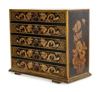 A Korean Parcel Gilt and Paint Decorated Diminutive Chest of Drawers