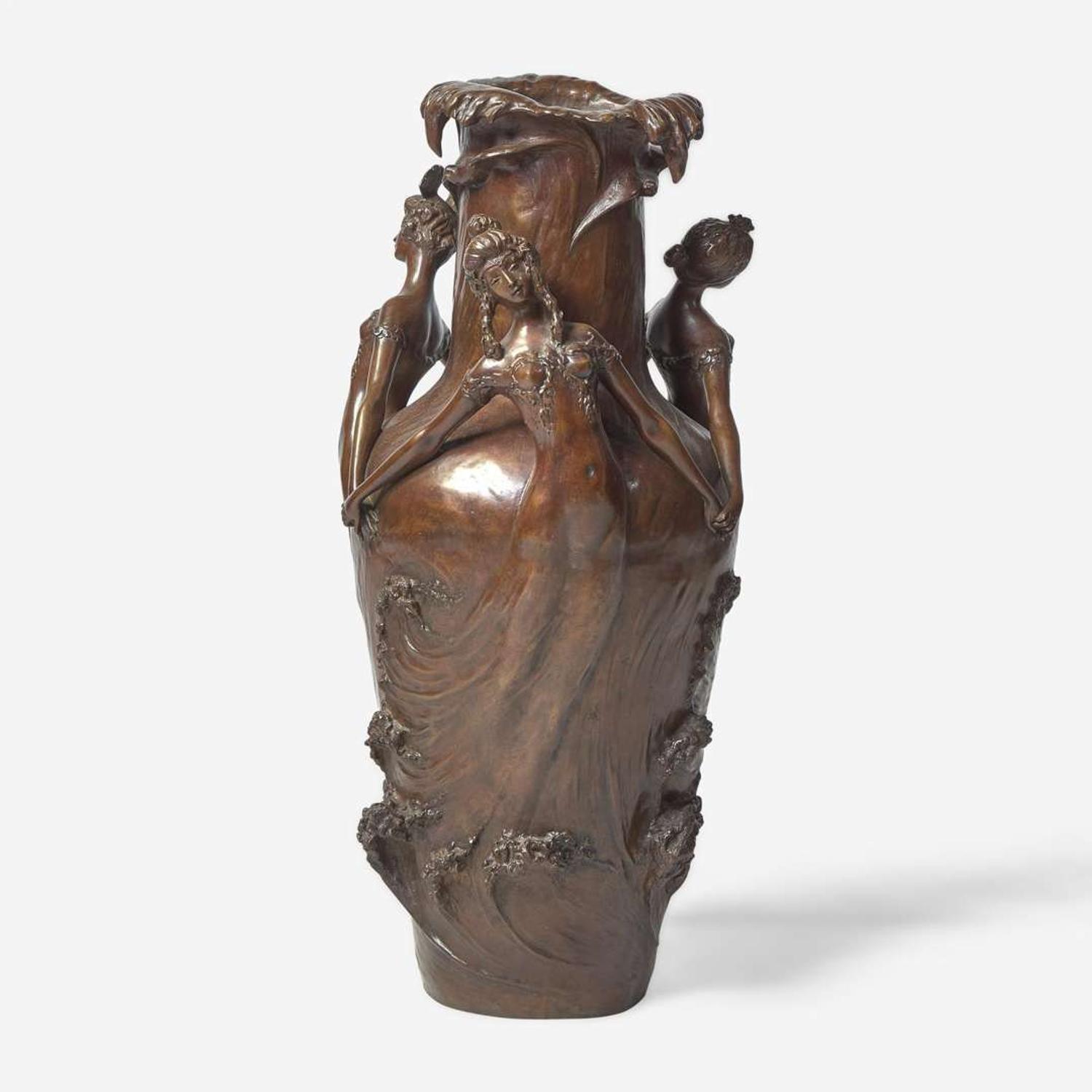 After Louis Chalon (French, 1866-1940) An Art Nouveau Patinated Bronze "Sea Sprites" Vase, Paris, France, 20th century