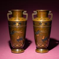 A Pair of Japanese Bronze and Mixed Metal Vases, 20th Century — 近代 日本金工鳳紋賞瓶一對