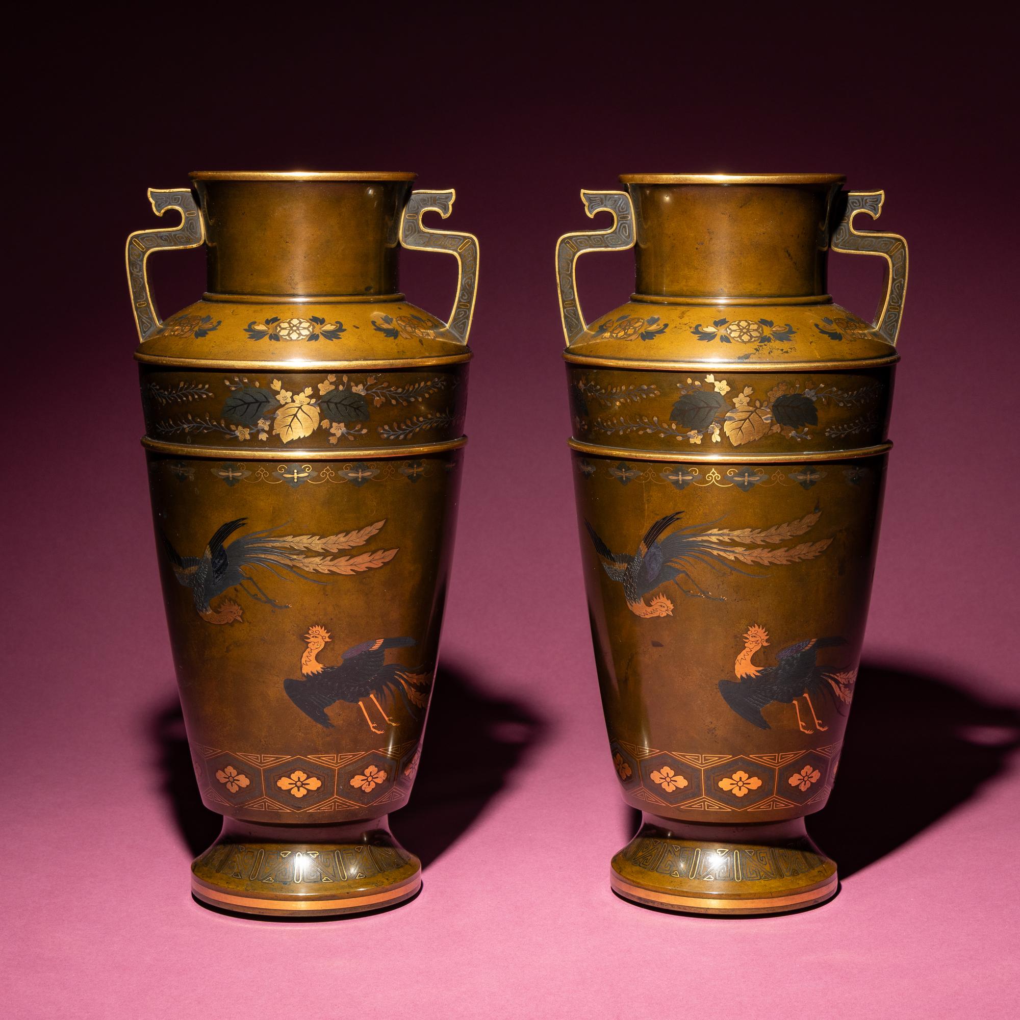 A Pair of Japanese Bronze and Mixed Metal Vases, 20th Century — 近代 日本金工鳳紋賞瓶一對