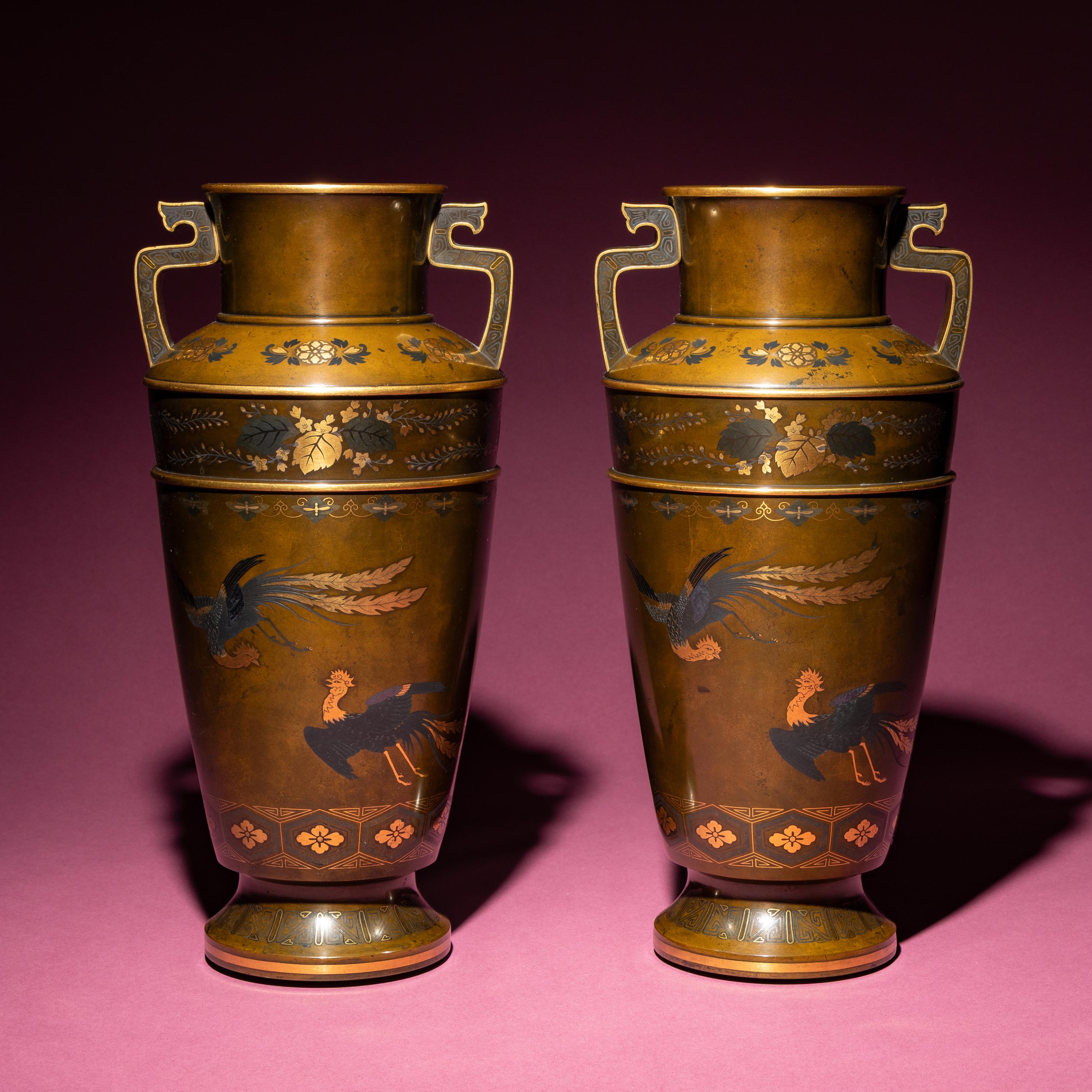 A Pair of Japanese Bronze and Mixed Metal Vases, 20th Century — 近代 日本金工鳳紋賞瓶一對
