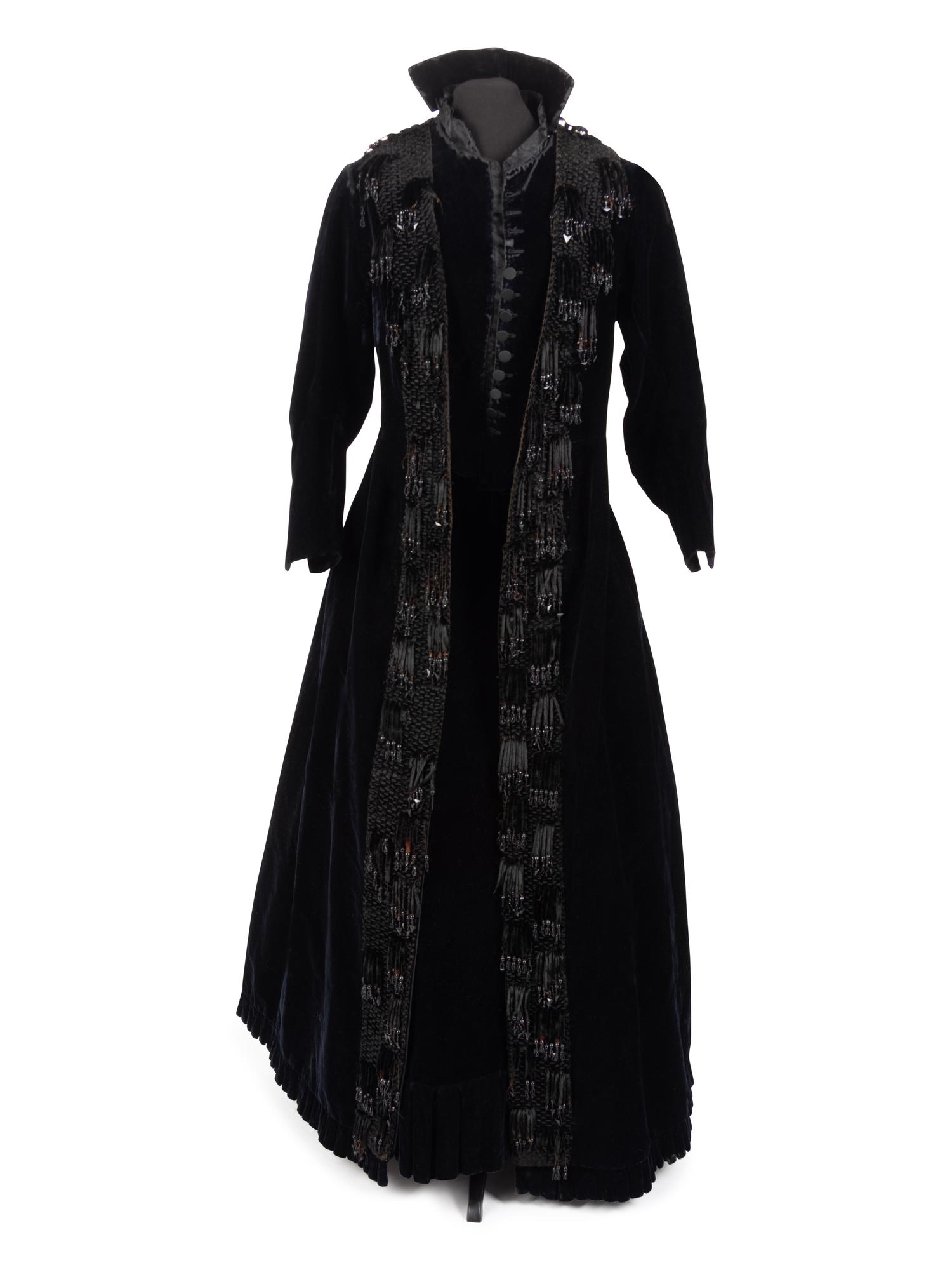 Three Velvet Pieces: One Two-Piece Dress Ensemble with Lace Collar, One Bodice, 1880s