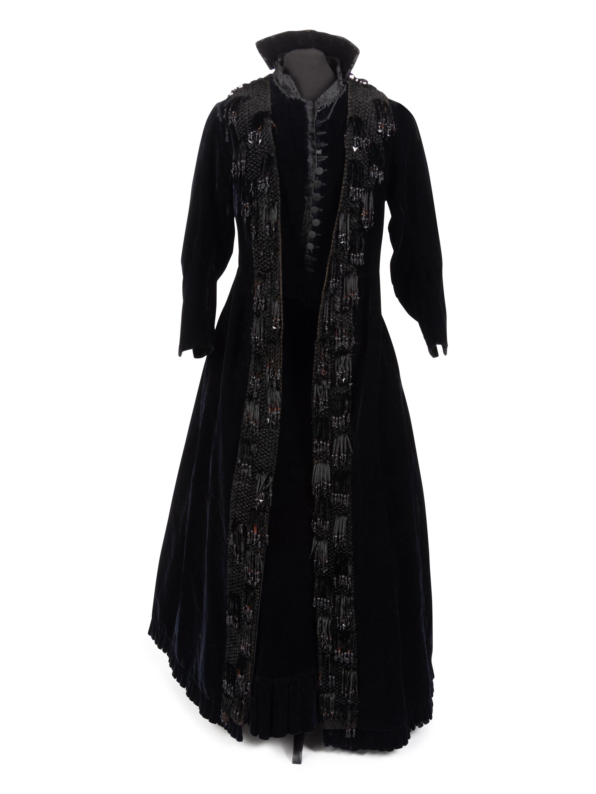 Three Velvet Pieces: One Two-Piece Dress Ensemble with Lace Collar, One Bodice, 1880s