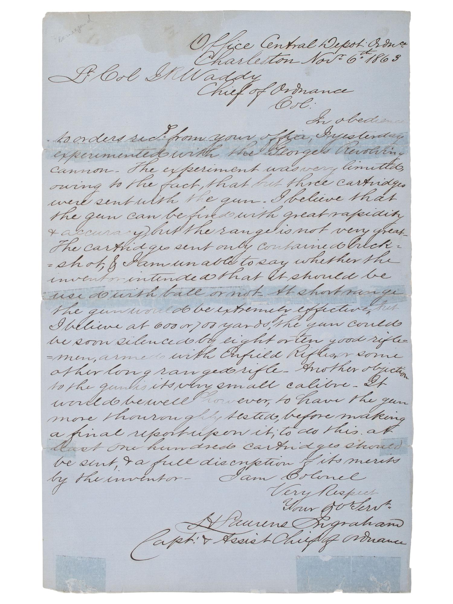 [CIVIL WAR]. BEAUREGARD, P.G.T. (1818-1893). Manuscript "Report on 'experiment' with George's Cannon" signed ("G.T. Beauregard"). Central Depot, Charleston, 6 November 1863.