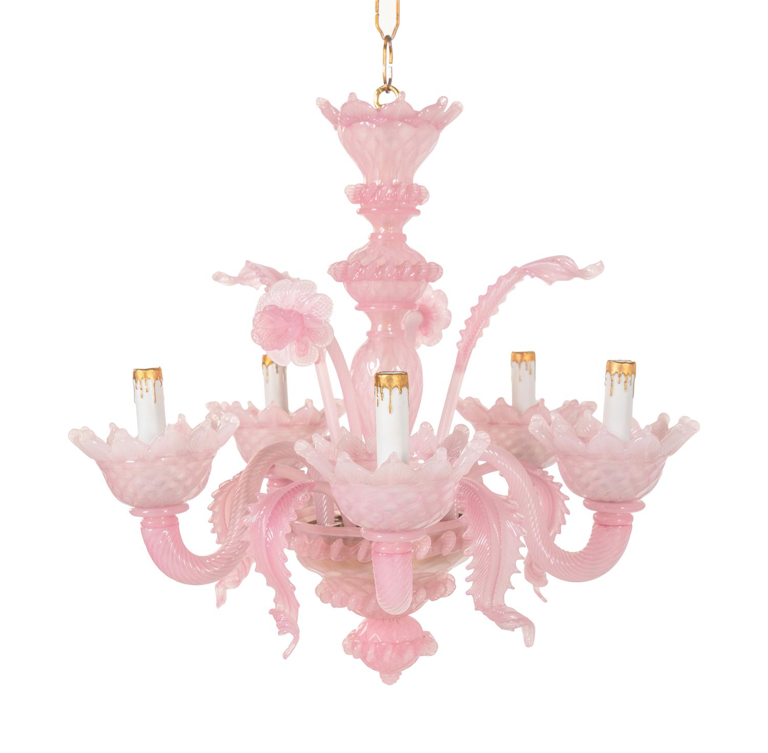 A Murano Pink Glass Five-Light Chandelier