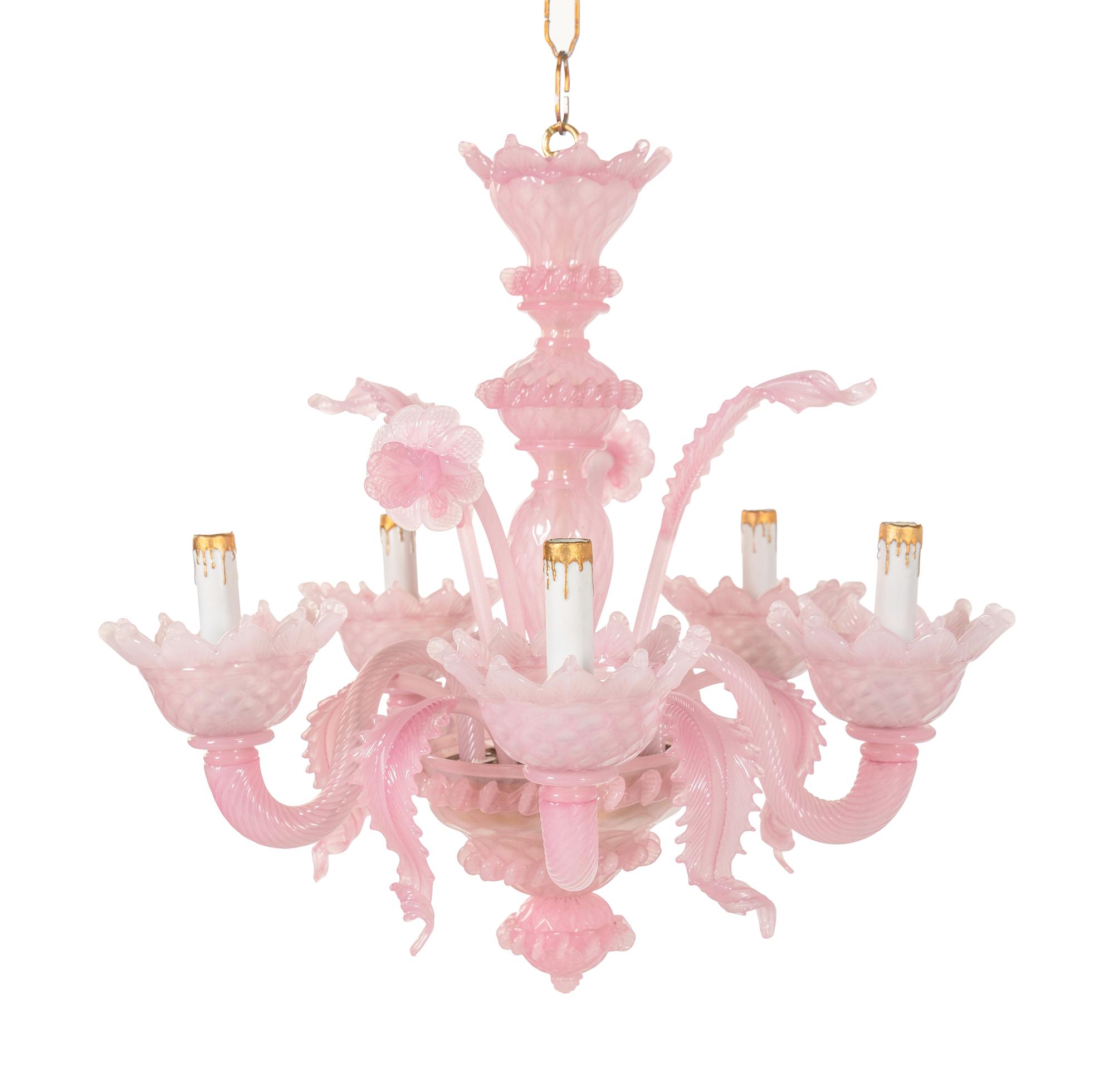 A Murano Pink Glass Five-Light Chandelier