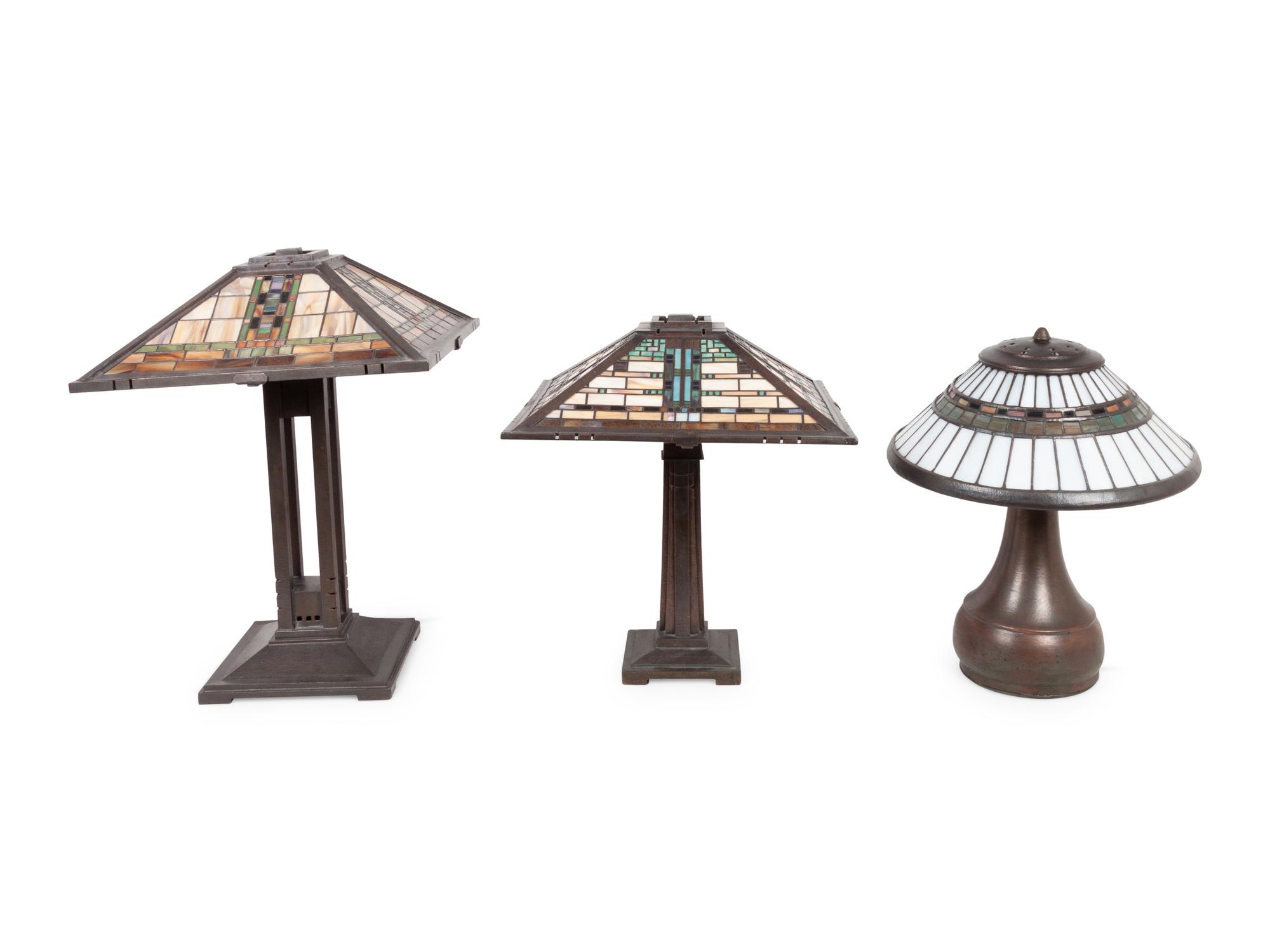 Three Karl Berry Slag Glass Lamps in the Manner of Frank Lloyd Wright
