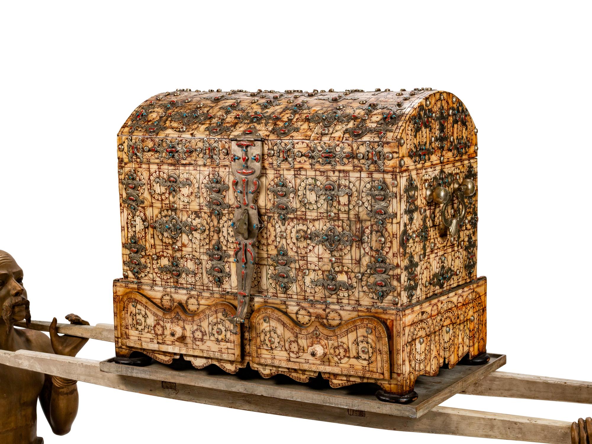 A 'Jeweled' Bone Casket on a Palanquin Supported by Gilt-Bronze Mongolian Attendants