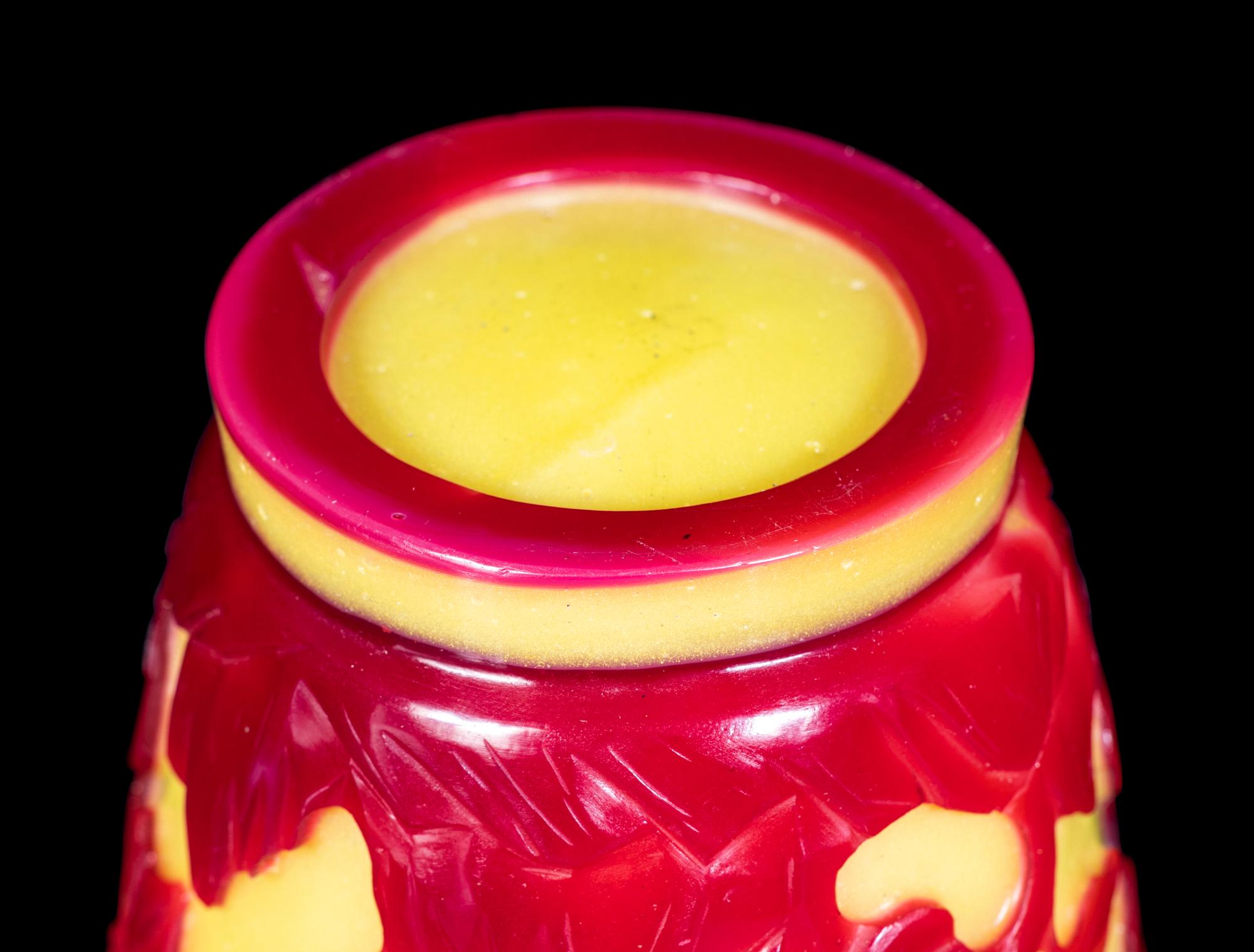 Three Chinese Red Overlay Yellow Glass Articles