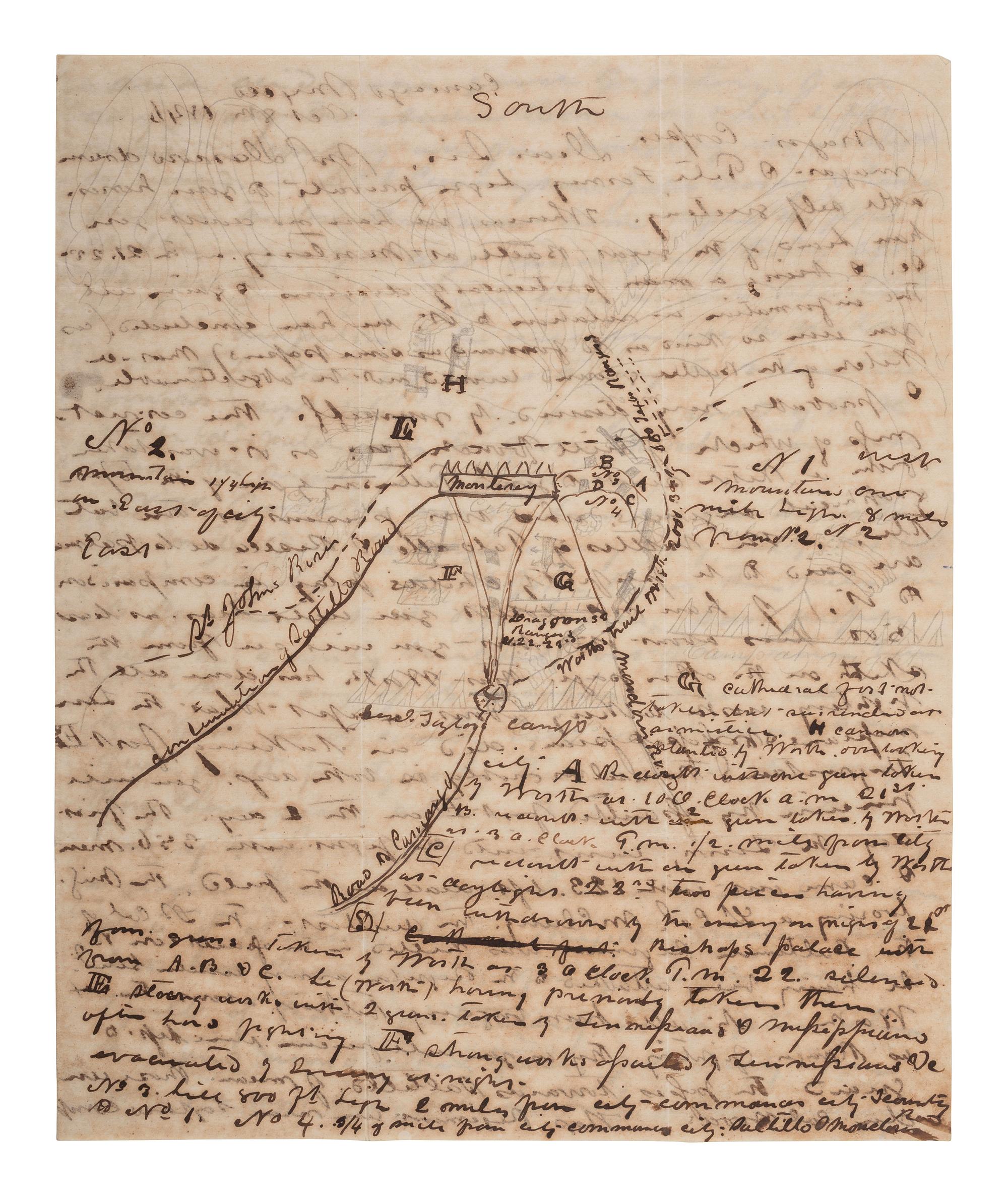 [MEXICAN-AMERICAN WAR]. Letter from a soldier in the 1st Regiment Alabama Volunteer Army of Occupation Mexico describing the Battle of Monterrey, incl. hand-drawn map. Camargo, Mexico. 8 October 1846.