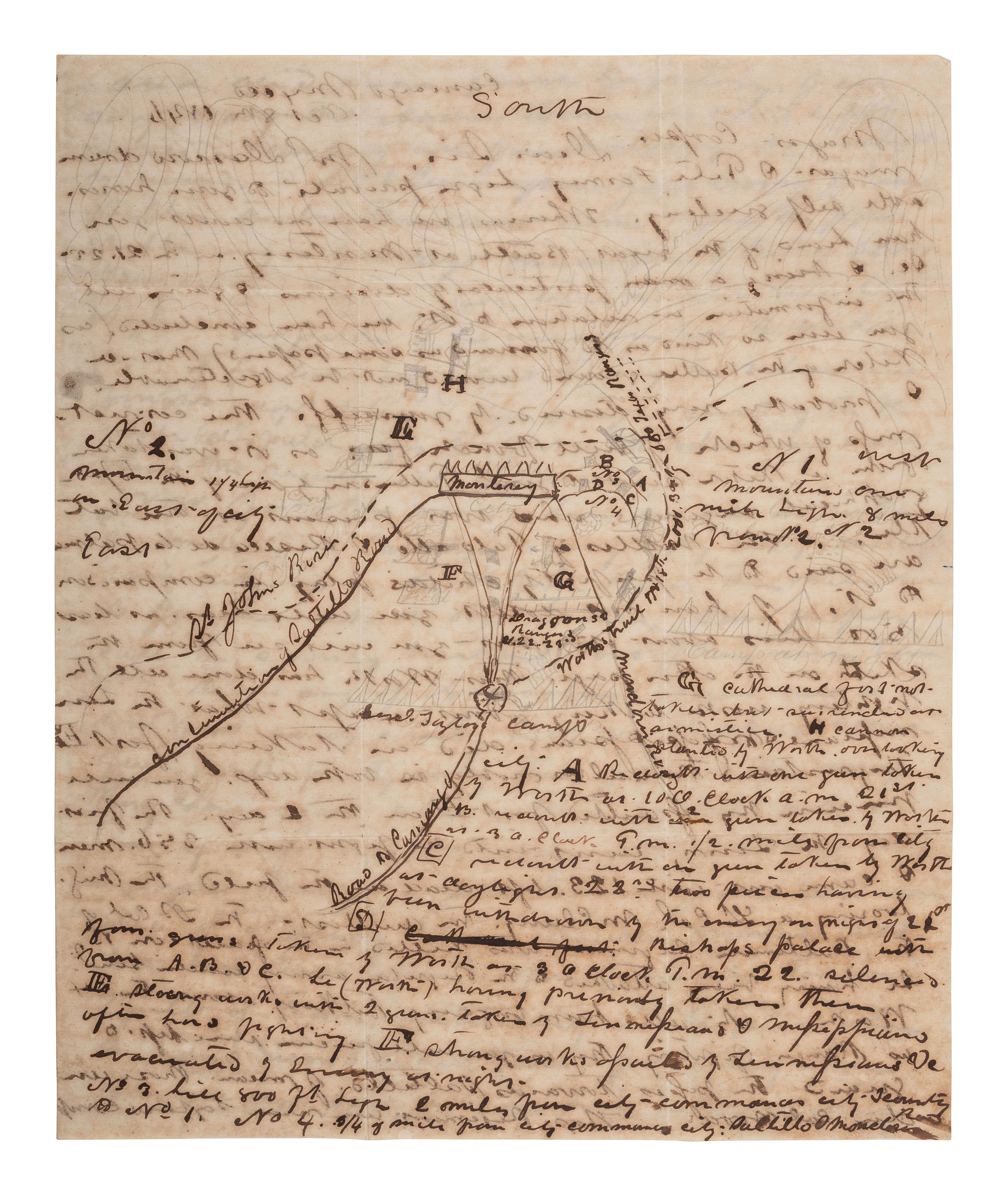 [MEXICAN-AMERICAN WAR]. Letter from a soldier in the 1st Regiment Alabama Volunteer Army of Occupation Mexico describing the Battle of Monterrey, incl. hand-drawn map. Camargo, Mexico. 8 October 1846.