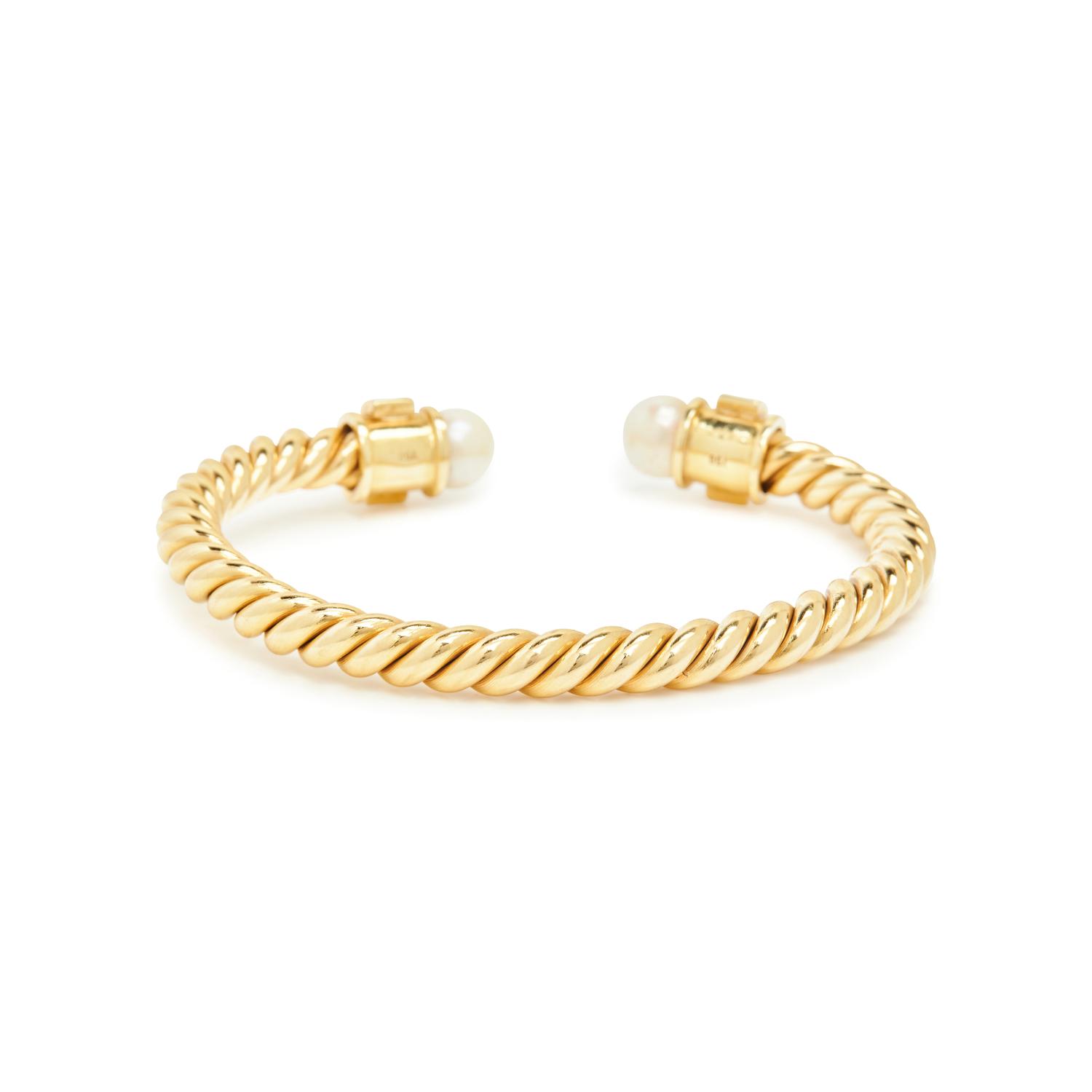 YELLOW GOLD, CULTURED PEARL, AND RUBY BANGLE BRACELET